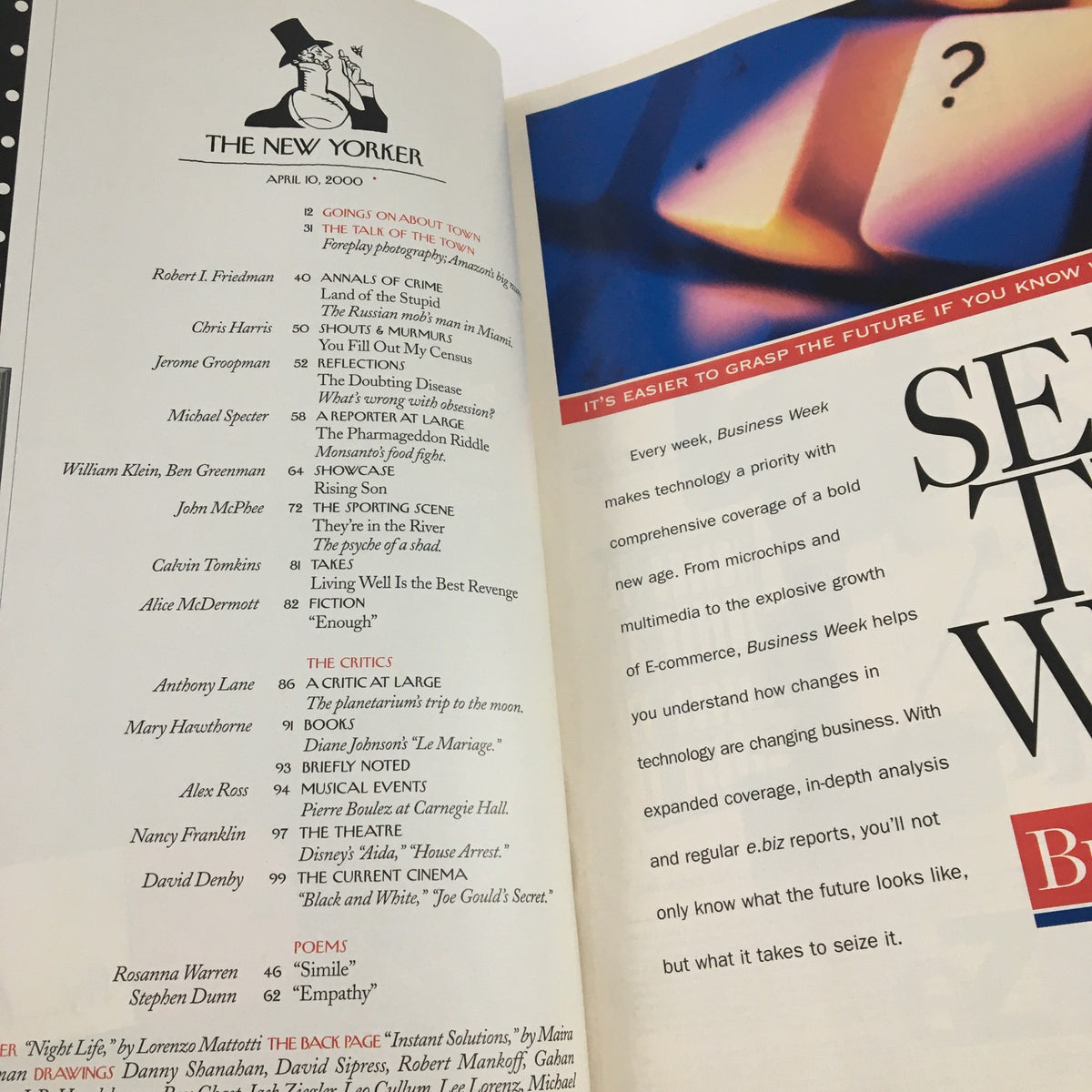 Interior page of The New Yorker April 10 2000 issue, displaying articles and content layout, emphasizing its vintage magazine style.