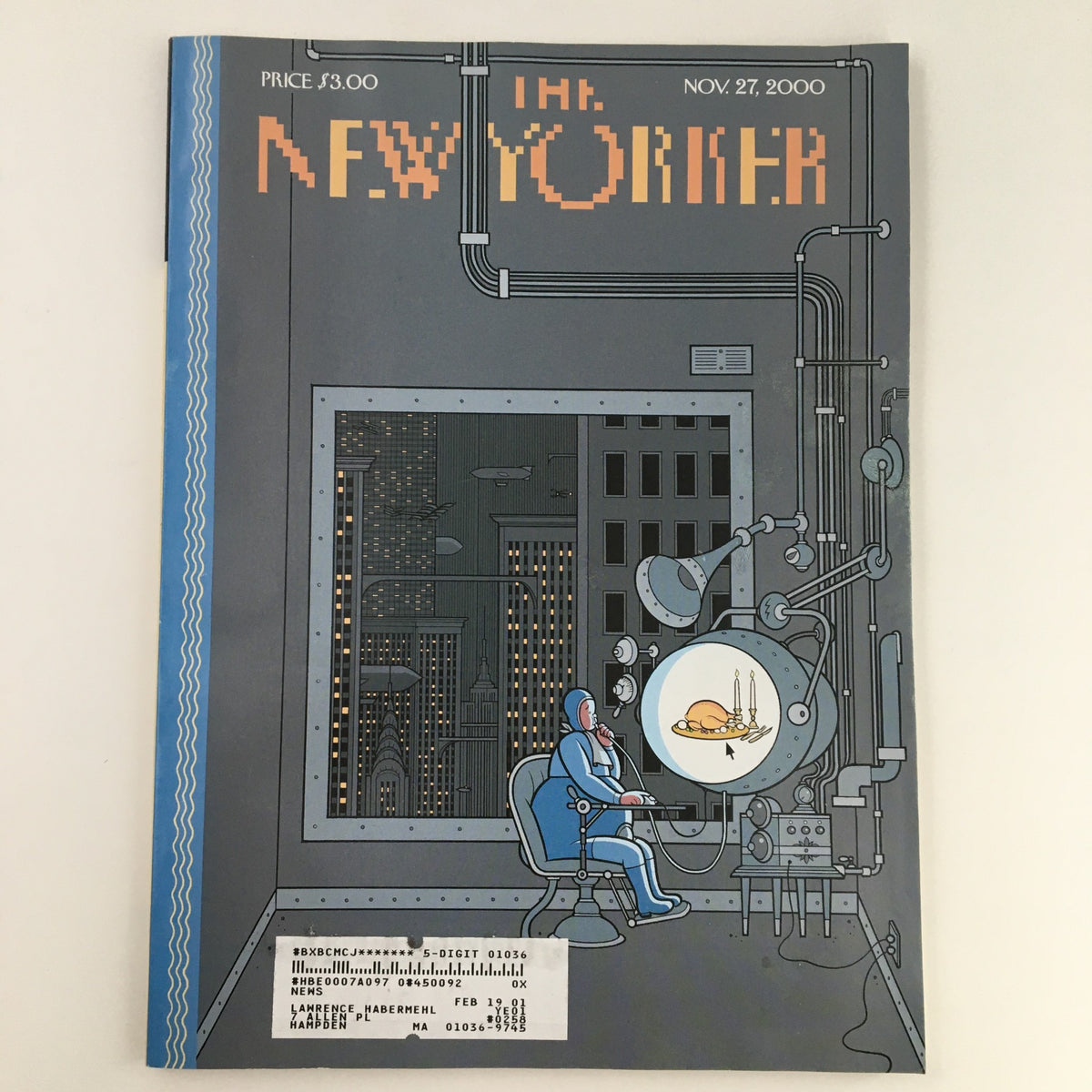 The New Yorker November 27, 2000, cover art by Chris Ware featuring a futuristic design and a character at a control station.