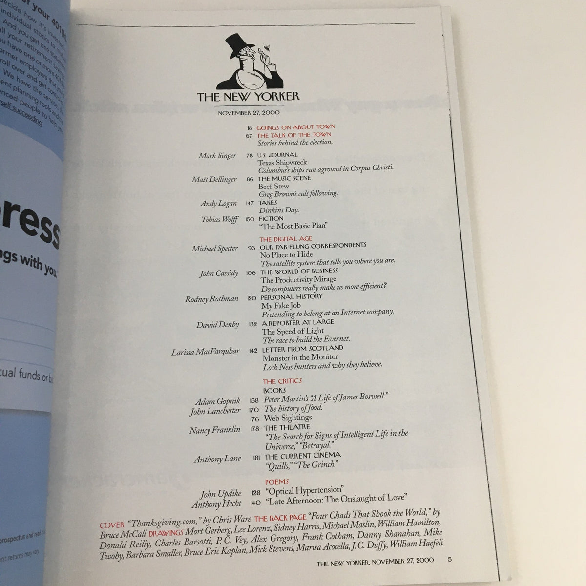 Inside page of The New Yorker November 27, 2000, showcasing the table of contents and article titles.