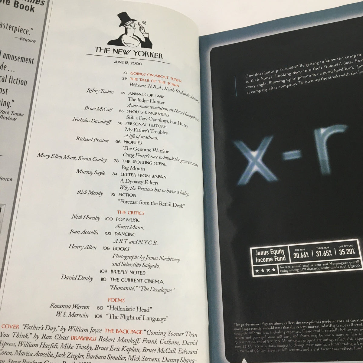 Inside page of The New Yorker June 12, 2000 displaying the table of contents, highlighting articles and features from this vintage magazine issue.