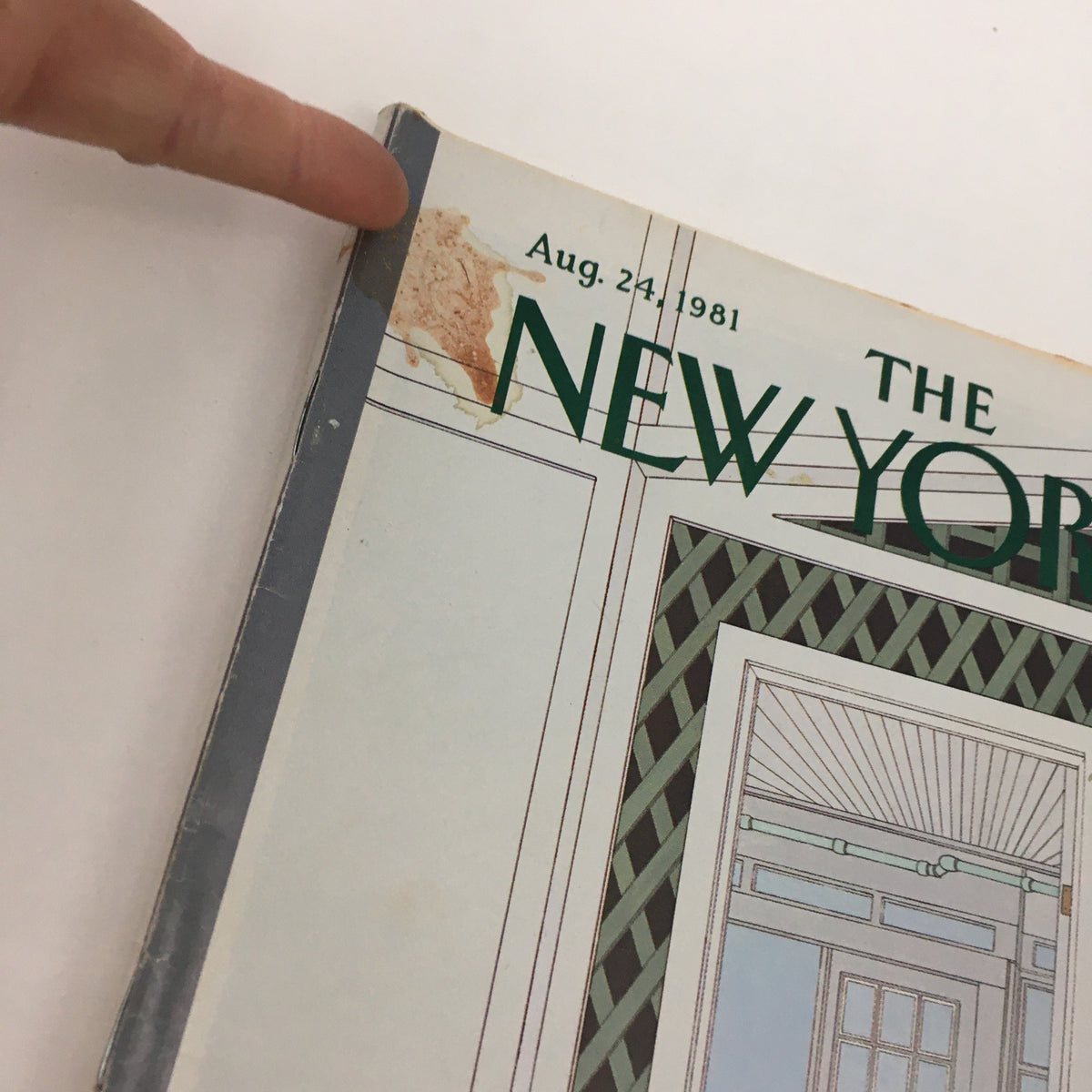 Close-up view of the top corner of The New Yorker Magazine August 24, 1981 cover, highlighting minor wear and the magazine's date and title.