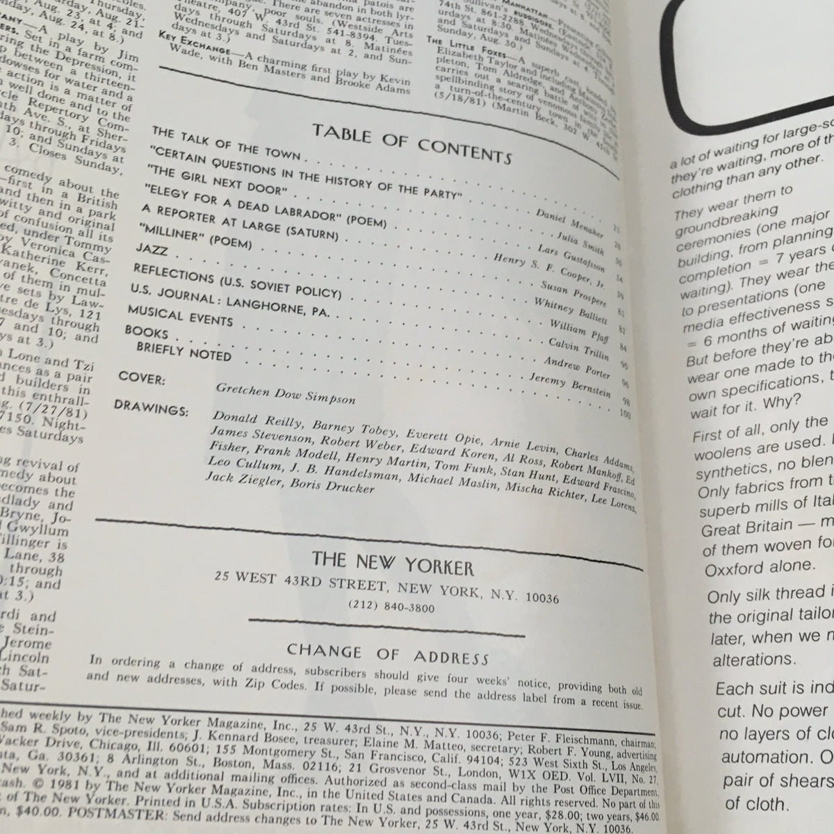 Interior page showing the table of contents of The New Yorker Magazine August 24, 1981, featuring articles and cover art by Gretchen Dow Simpson.