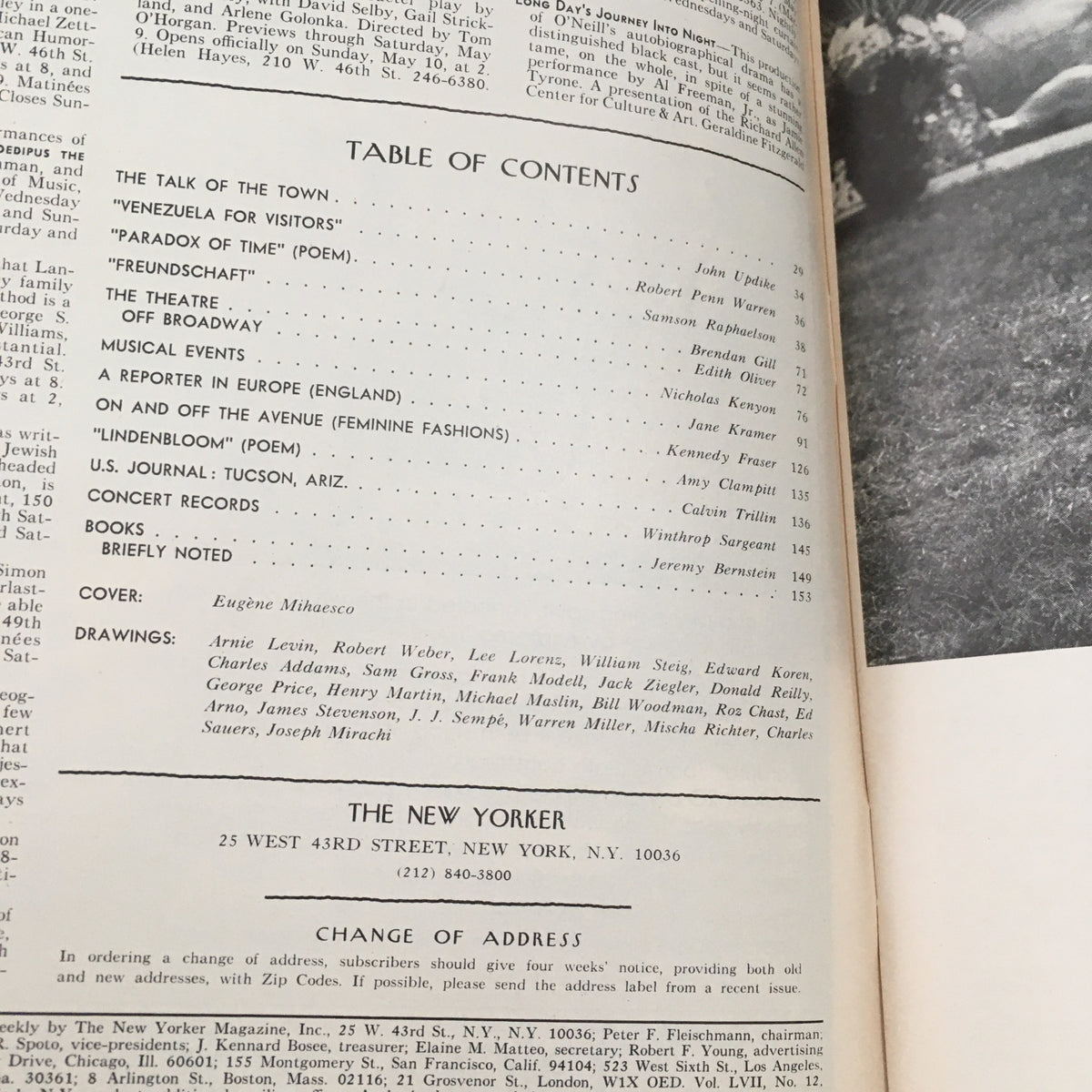 Table of Contents page from The New Yorker Magazine May 11, 1981, showcasing contributions from various authors and the cover artist Eugene Mihaesco.