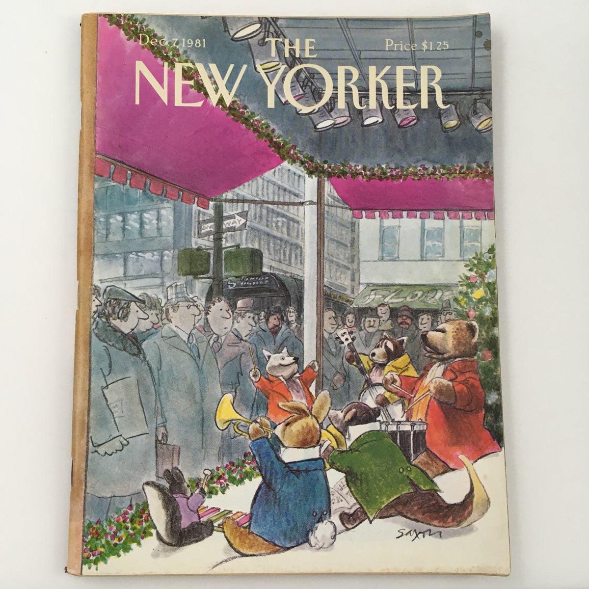 Cover of The New Yorker Magazine December 7 1981 featuring a colorful illustration by Charles Saxon, depicting animals performing music in a festive urban setting.