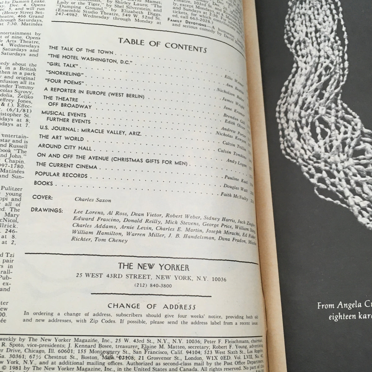 Table of contents page from The New Yorker Magazine December 7 1981, showcasing the cover artist Charles Saxon and various article listings from the issue.
