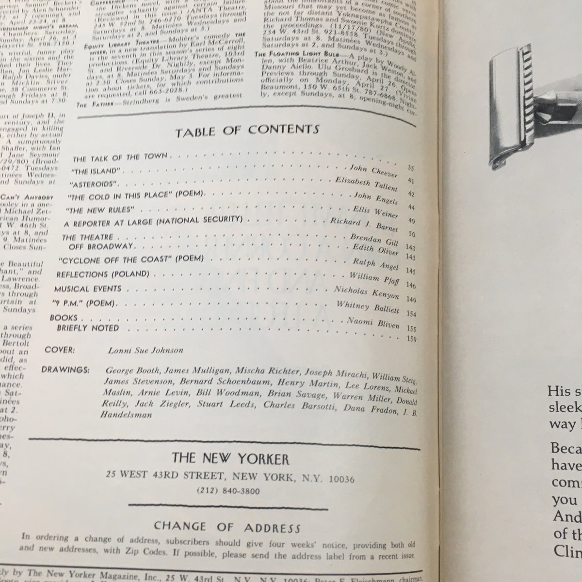 Table of contents from The New Yorker Full Magazine April 27 1981, listing articles and contributors, including a cover illustration by Lonni Sue Johnson.