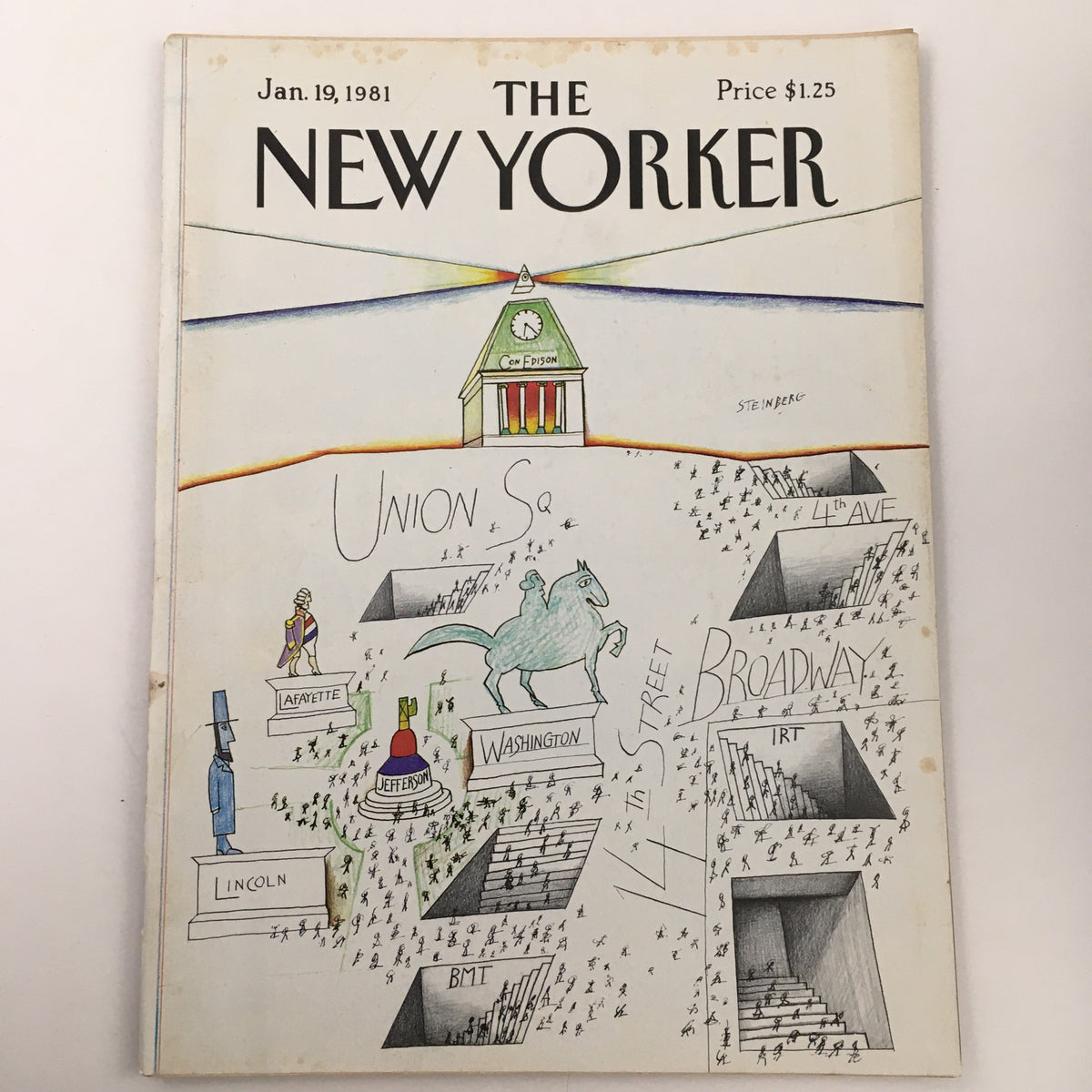 Cover of The New Yorker magazine, January 19, 1981, featuring unique theme art by Saul Steinberg, showcasing a whimsical map of urban America with notable landmarks and a colorful depiction of a clock tower.