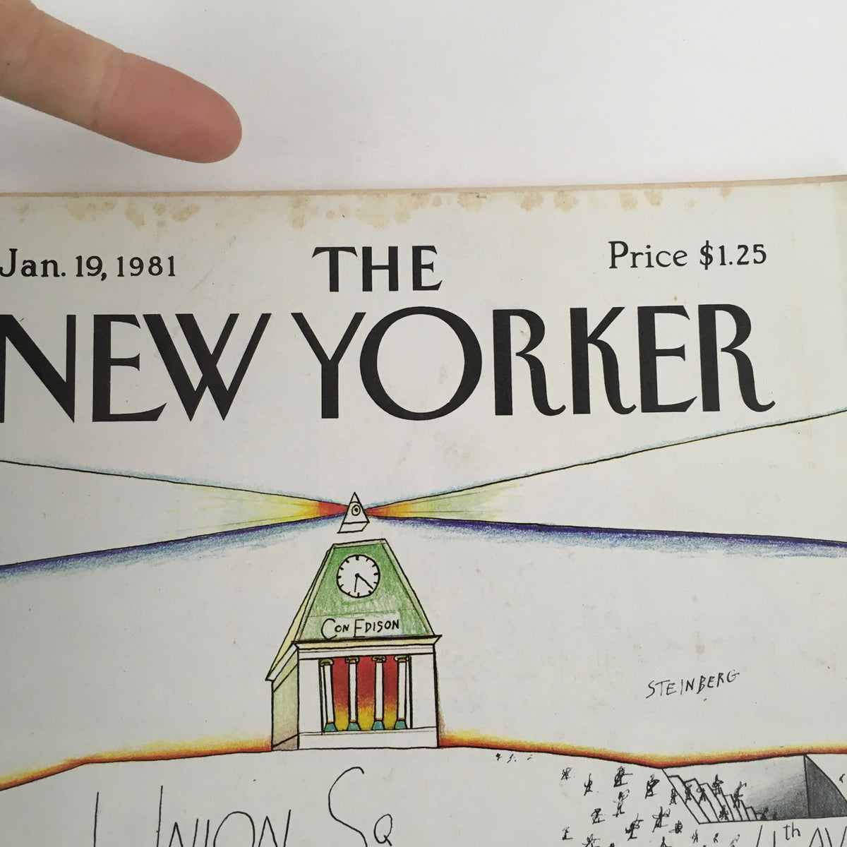 Close-up of The New Yorker magazine cover dated January 19, 1981, highlighting the title and the distinctive clock tower illustration by Saul Steinberg, representing an artistic snapshot of the era.
