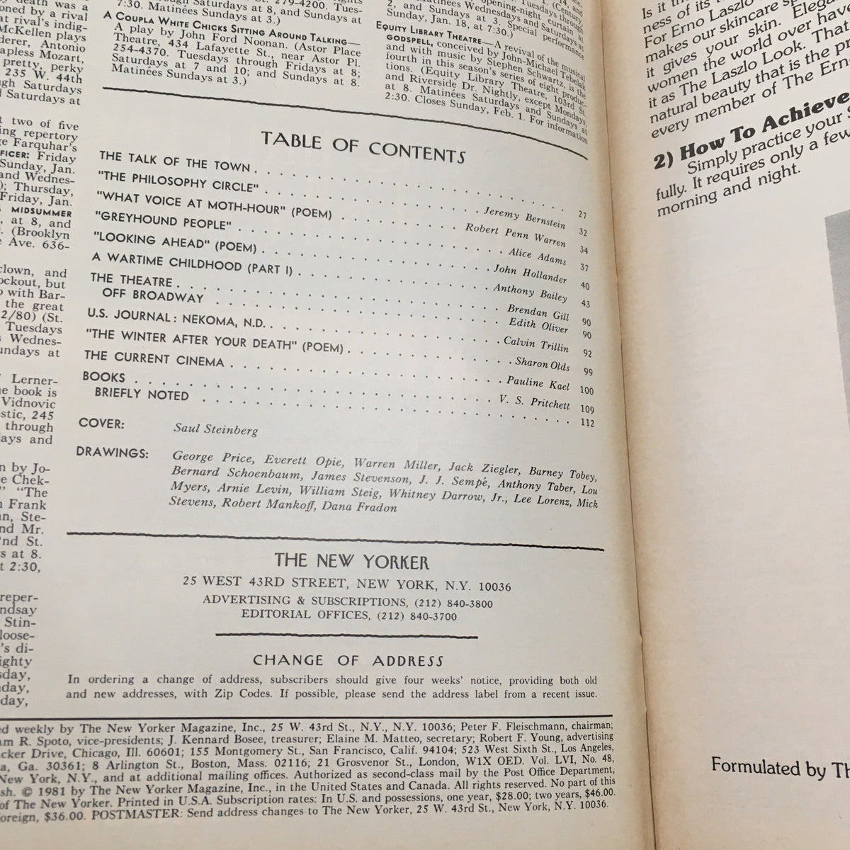Table of contents from The New Yorker magazine, January 19, 1981, featuring contributions by various authors and drawings by Saul Steinberg, as part of the issue titled 'The New Yorker Full Magazine January 19, 1981 Theme Art Cover by Saul Steinberg.'