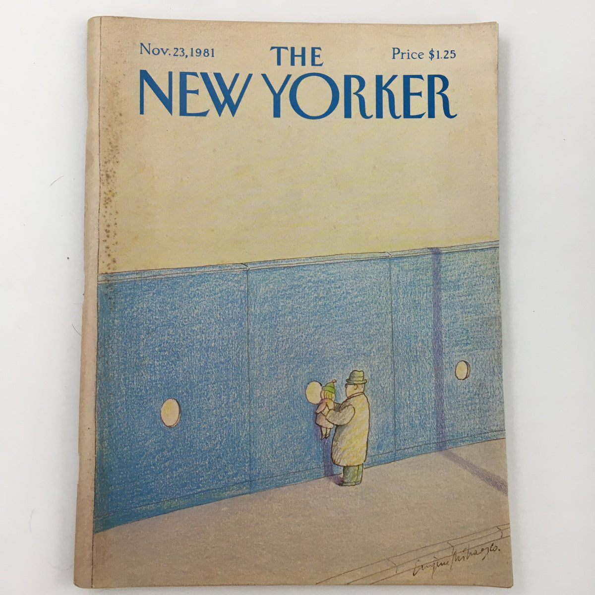 The New Yorker Magazine November 23 1981 cover featuring a themed artwork design by Eugene Mihaesco, showcasing a man and child at a construction site.