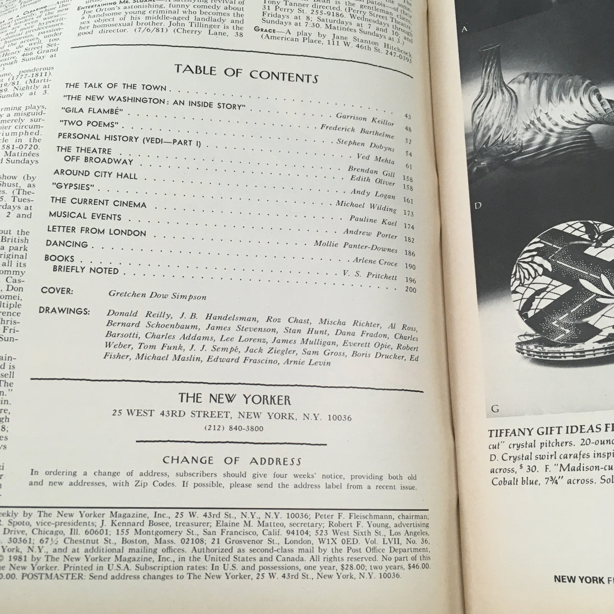 Inside page of The New Yorker Magazine October 26 1981 showing the table of contents with details on featured articles and the cover artist, Gretchen Dow Simpson.