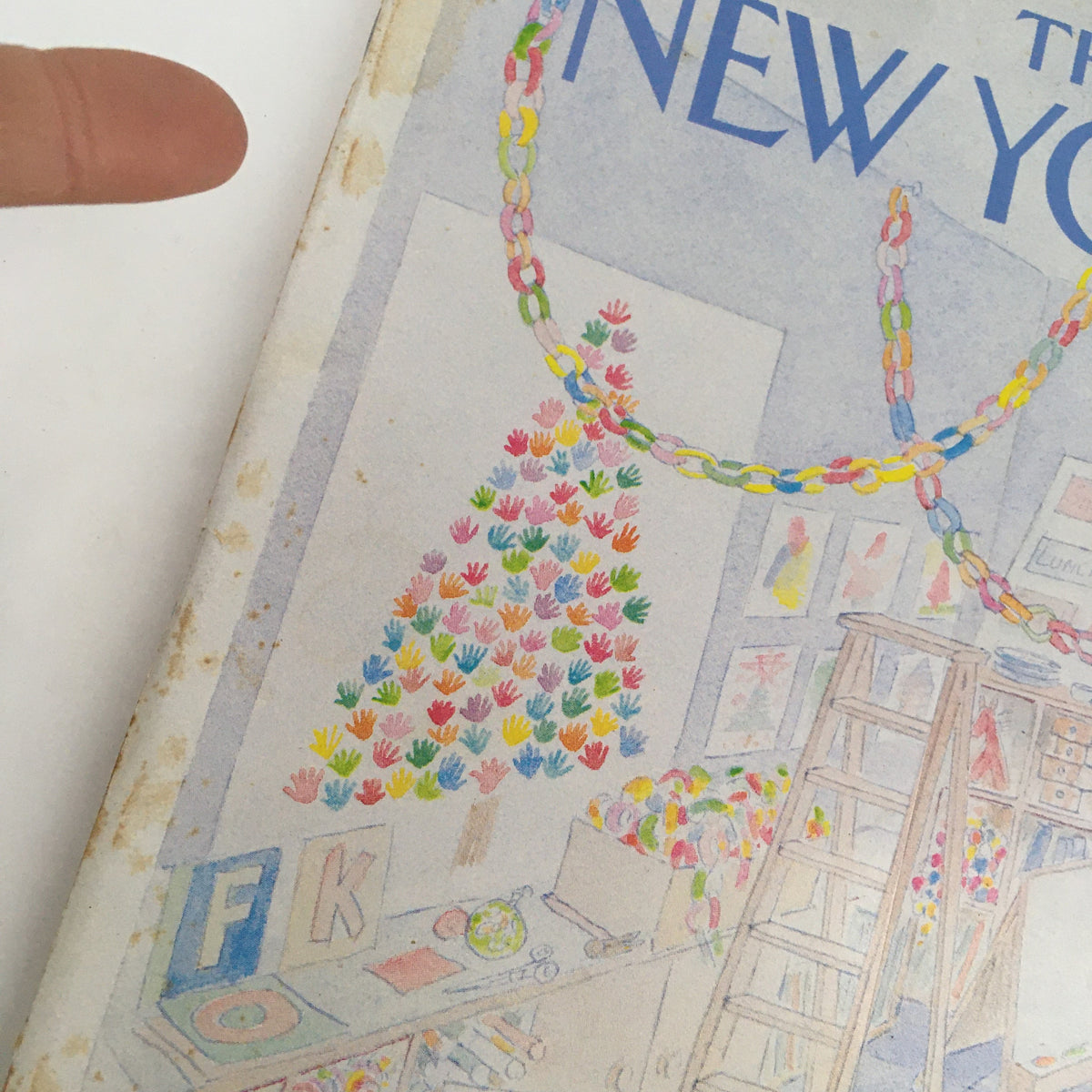 Close-up of The New Yorker Magazine Cover from December 21, 1981, highlighting the vibrant Christmas tree design and decorative paper chains illustrated by Charles Martin.