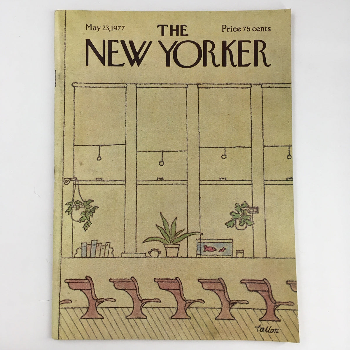 Cover of The New Yorker Magazine May 23, 1977, featuring theme art by Robert Tallon. The cover artwork depicts a serene interior scene with plants and seating, showcasing the artistic style popular in the 1970s.