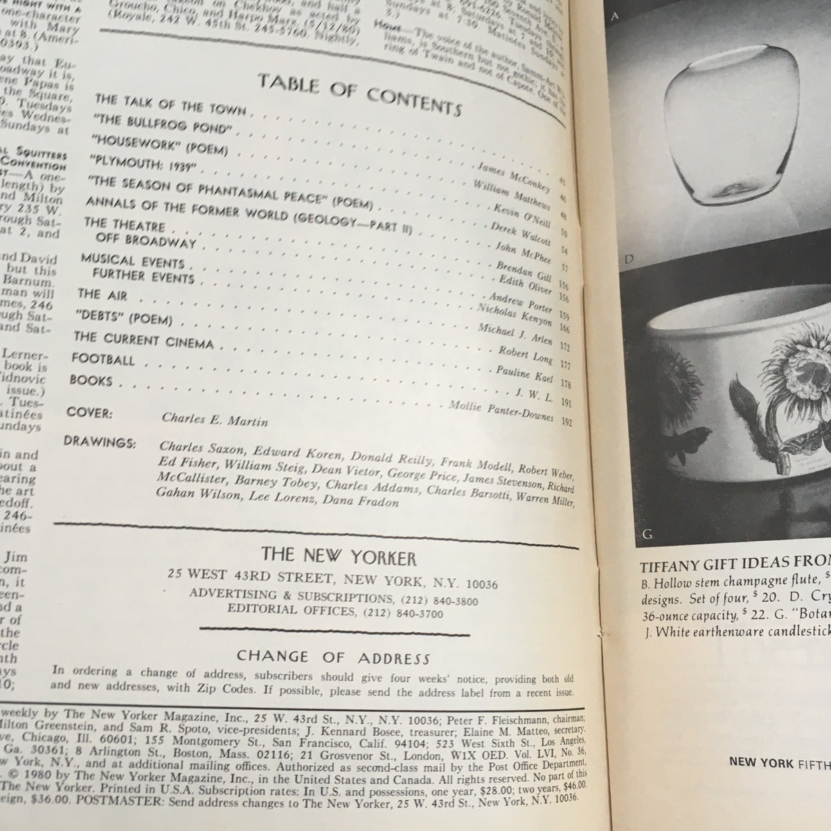 Inside page of The New Yorker Magazine October 27, 1980, featuring the table of contents and cover artist Charles E. Martin.