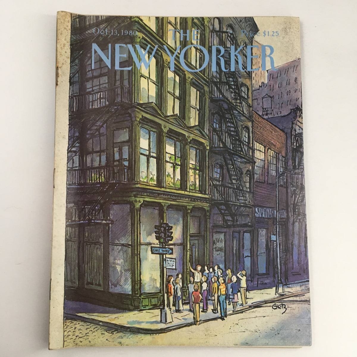 Cover of The New Yorker Magazine from October 13, 1980, featuring theme art by Arthur Getz, showcasing a vibrant street scene with people gathered outside a building.