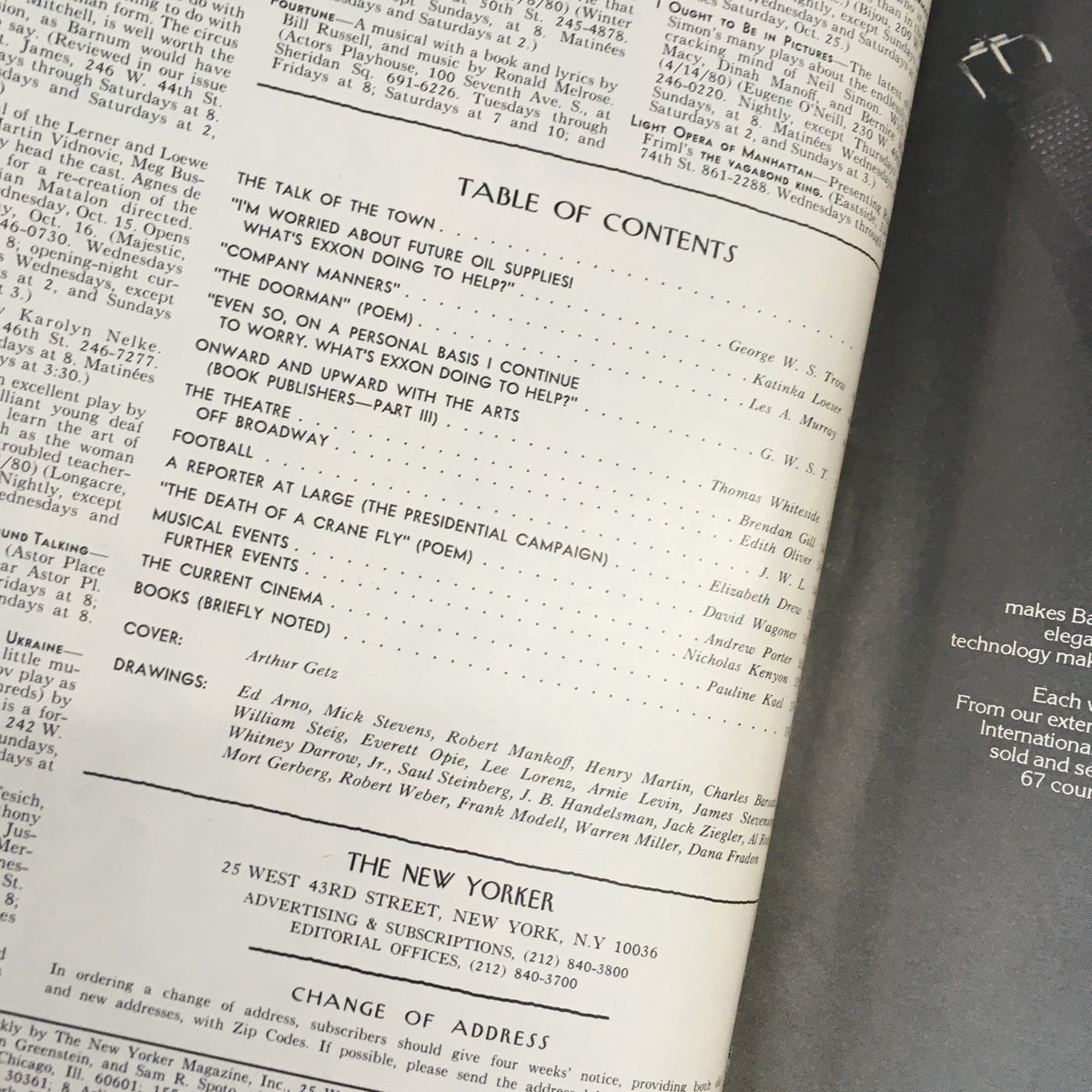 Table of Contents from The New Yorker Magazine October 13 1980 featuring articles and drawings by various authors, including cover by Arthur Getz.