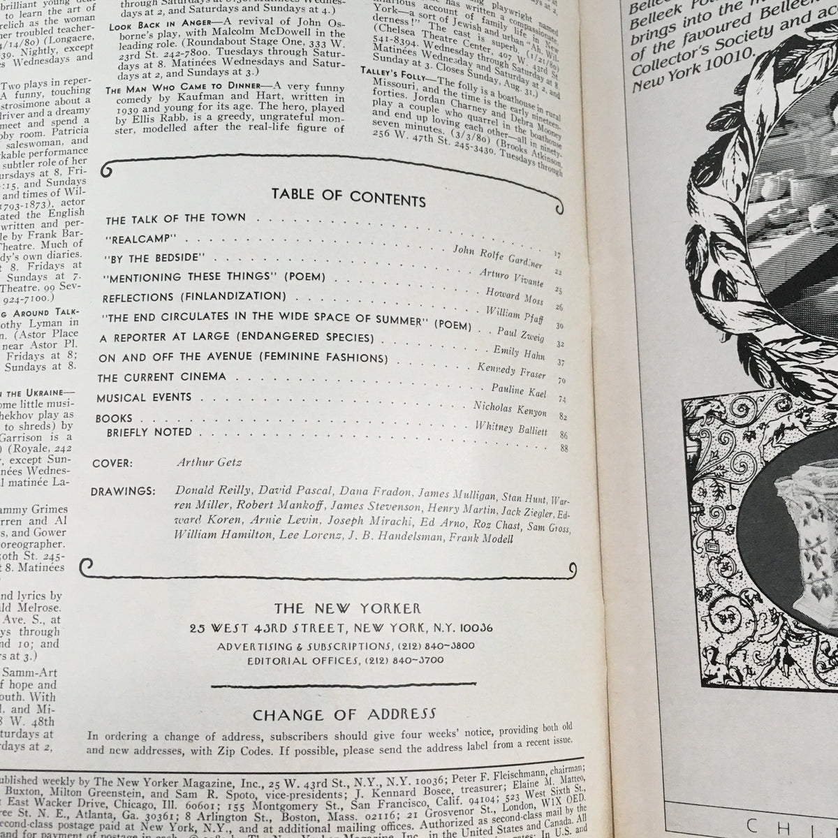 Table of contents from The New Yorker Magazine September 1, 1980, showcasing articles and illustrations, including cover by Arthur Getz, providing insight into the magazine's editorial content.