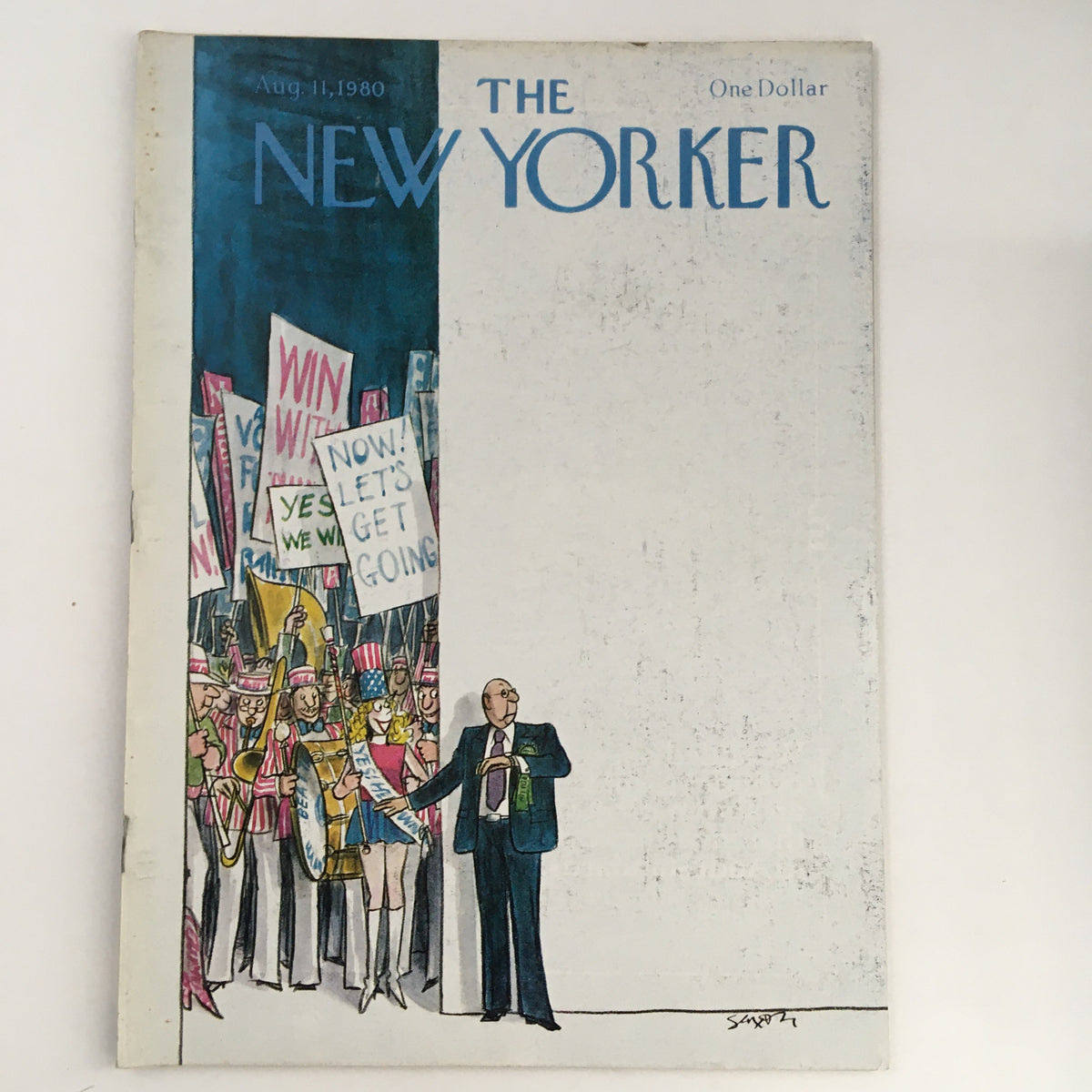 The New Yorker Magazine August 11 1980 cover featuring theme art by Charles Saxon, depicting a scene of a crowd holding protest signs. The design showcases the magazine's iconic style and reflects cultural themes of the era.