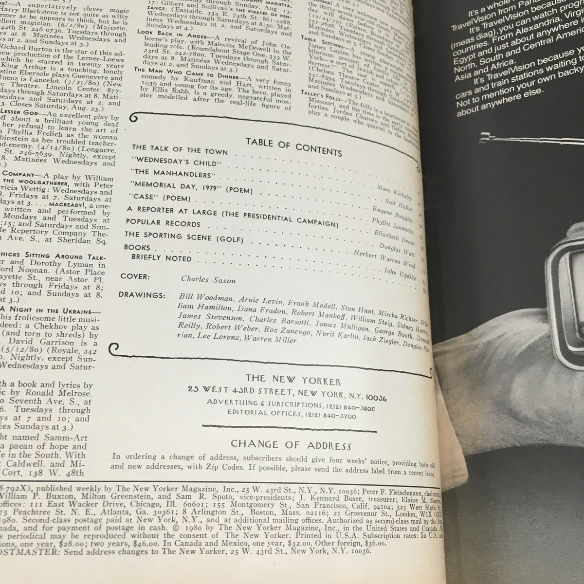 Interior page of The New Yorker Magazine August 11 1980 showcasing the Table of Contents and cover details. Features artwork by Charles Saxon, offering insights into the magazine's literary and artistic contributions.