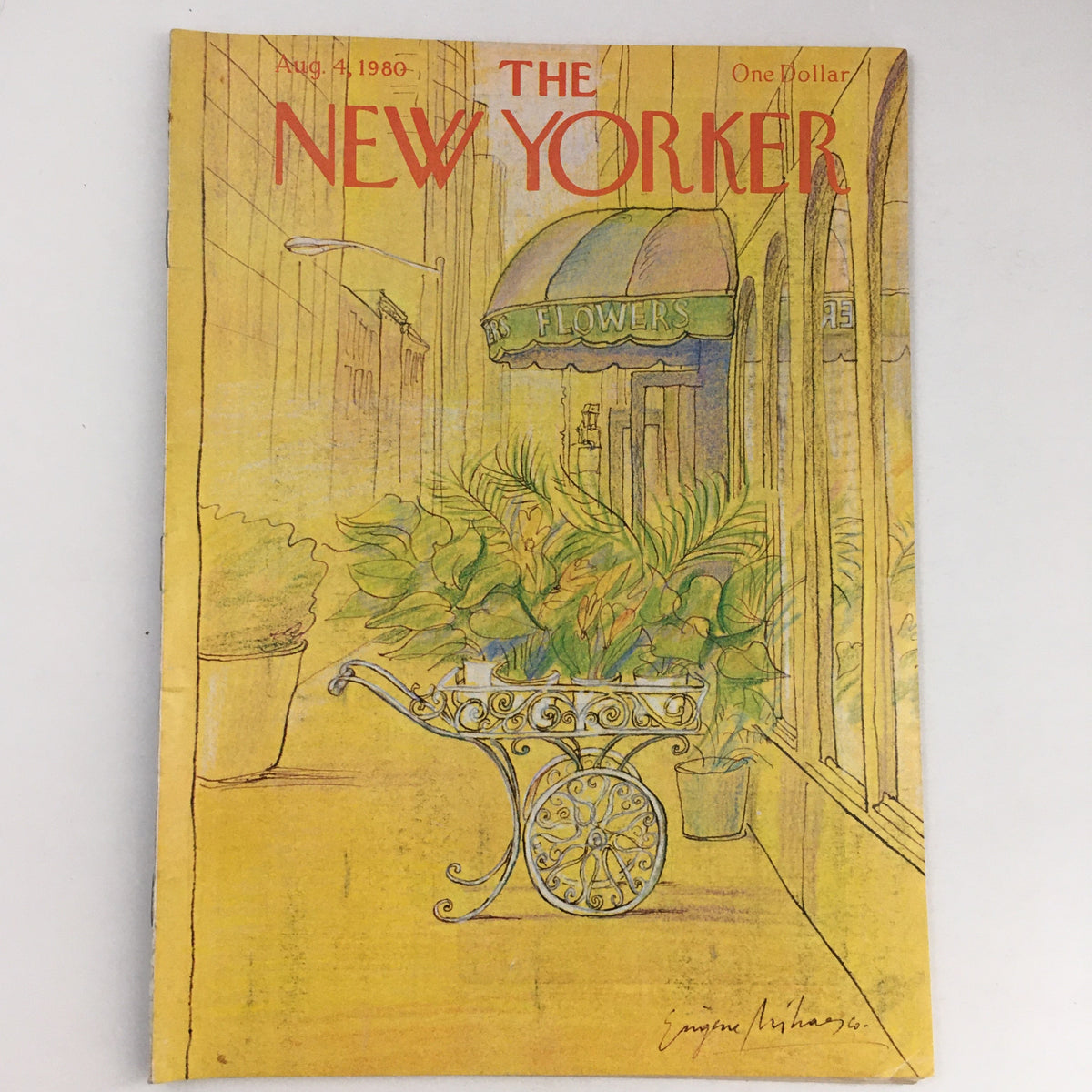 Cover of The New Yorker Magazine August 4 1980 featuring vibrant artwork by Eugene Mihaesco, showcasing a flower cart and bright yellow backdrop.