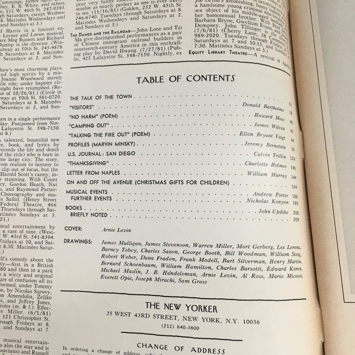 Inside page of The New Yorker Magazine December 14, 1981, displaying the table of contents with listed articles and cover artist Arnie Levin.