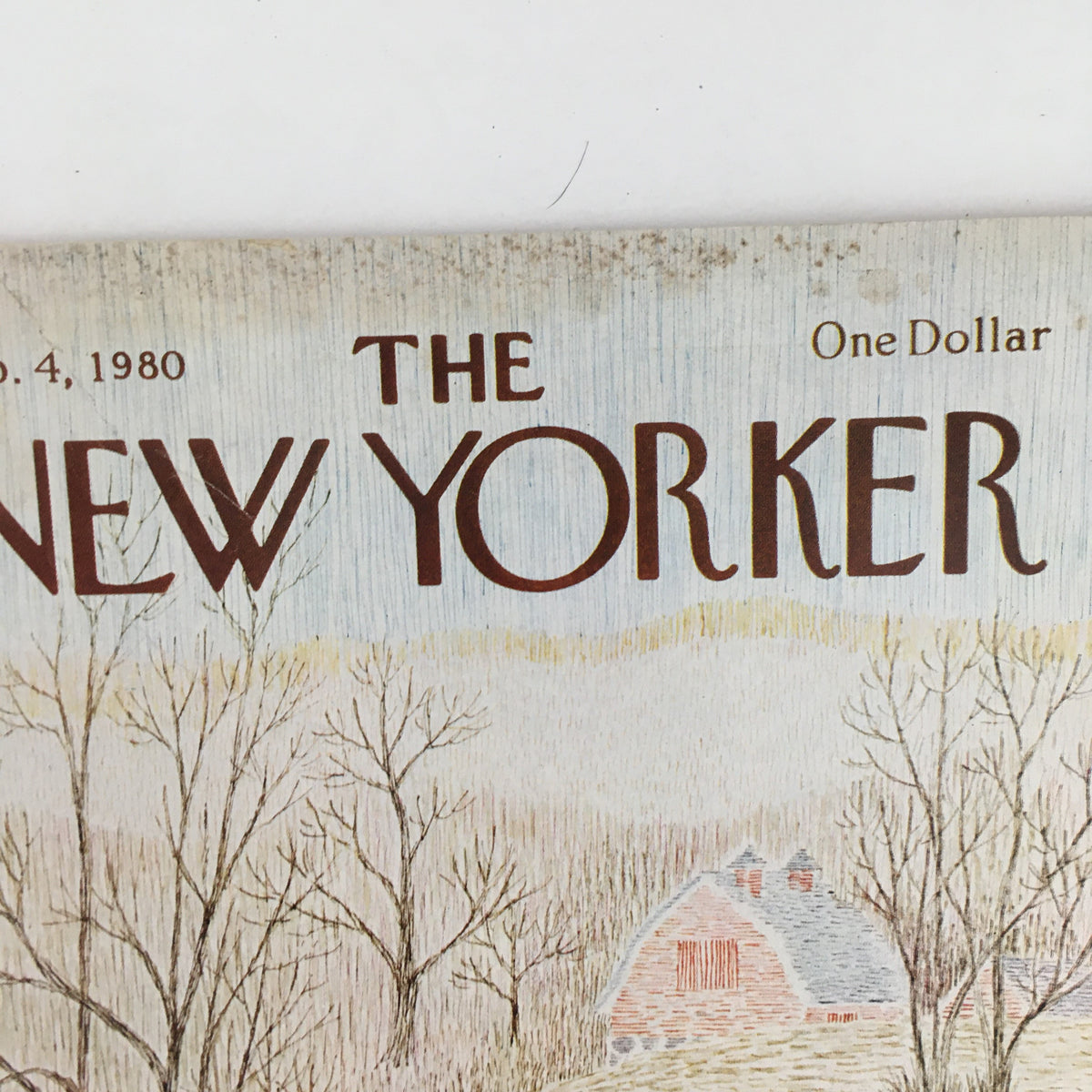 Close-up of The New Yorker Magazine February 4 1980 cover title, showcasing the striking typography and artistic details of the vintage artwork by Charles Martin.