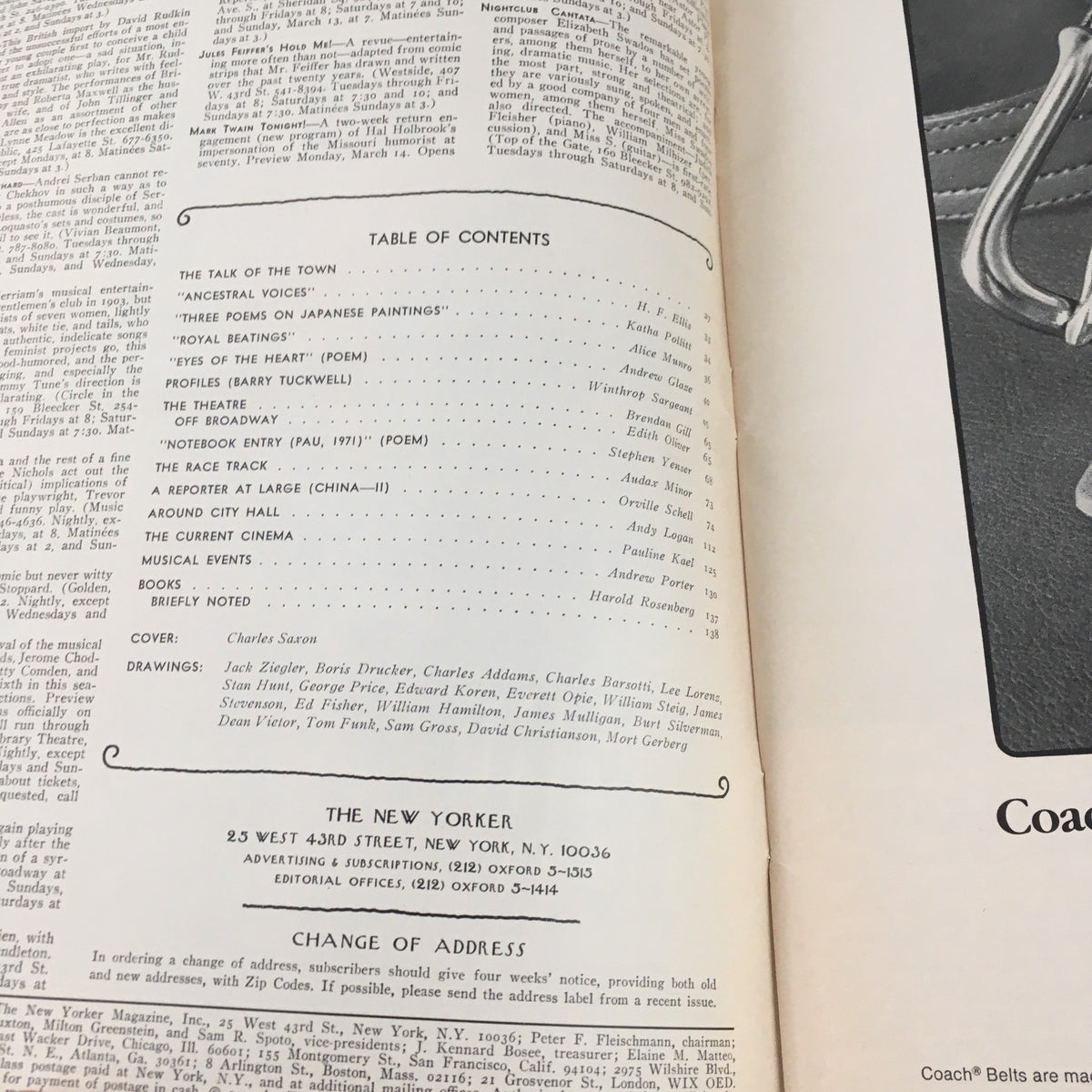 Table of contents from The New Yorker Magazine March 14 1977, includes articles, poetry, and events with cover art by Charles Saxon.