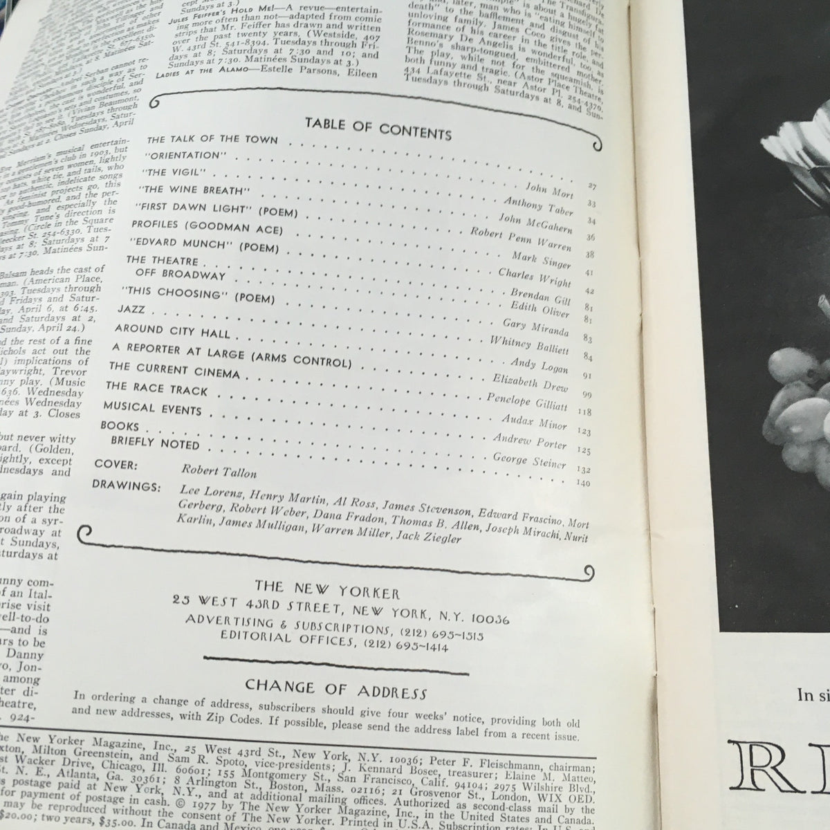 Table of contents from The New Yorker Magazine April 4 1977 with features and articles, showcasing Robert Tallon's theme art cover.