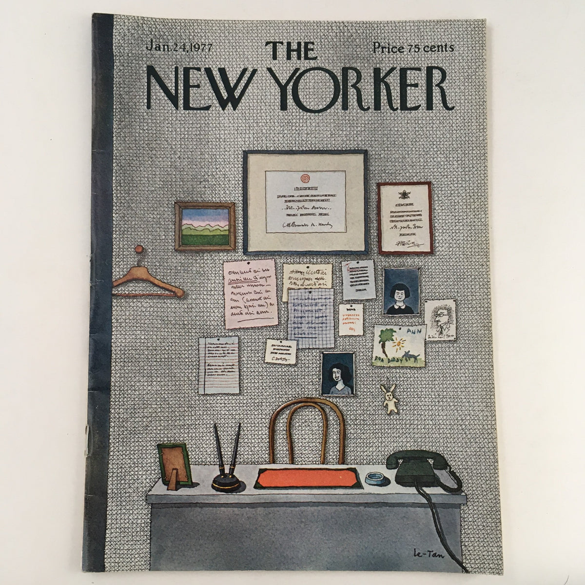 The New Yorker Magazine January 24 1977 cover featuring an artistic office scene illustrated by Pierre Le-Tan, showcasing various framed pictures, notes on a wall, and a vintage desk setup.