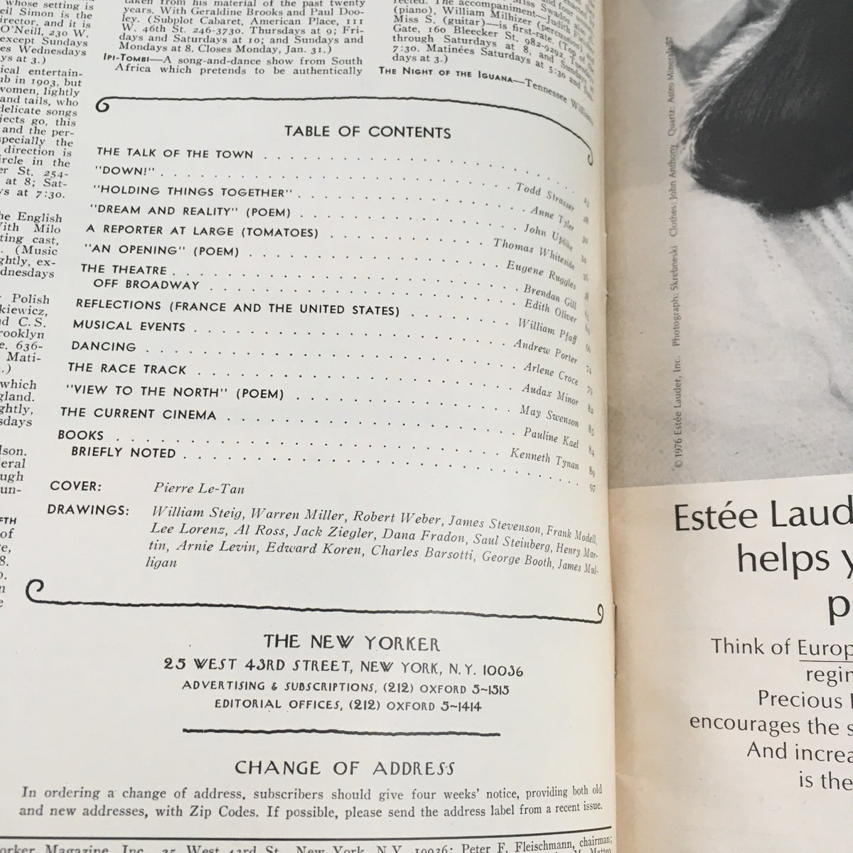 Table of Contents from The New Yorker Magazine January 24, 1977, featuring a layout showcasing various articles and poems, including 'The Talk of the Town' and 'Dream and Reality'. The cover artwork by Pierre Le-Tan is highlighted.