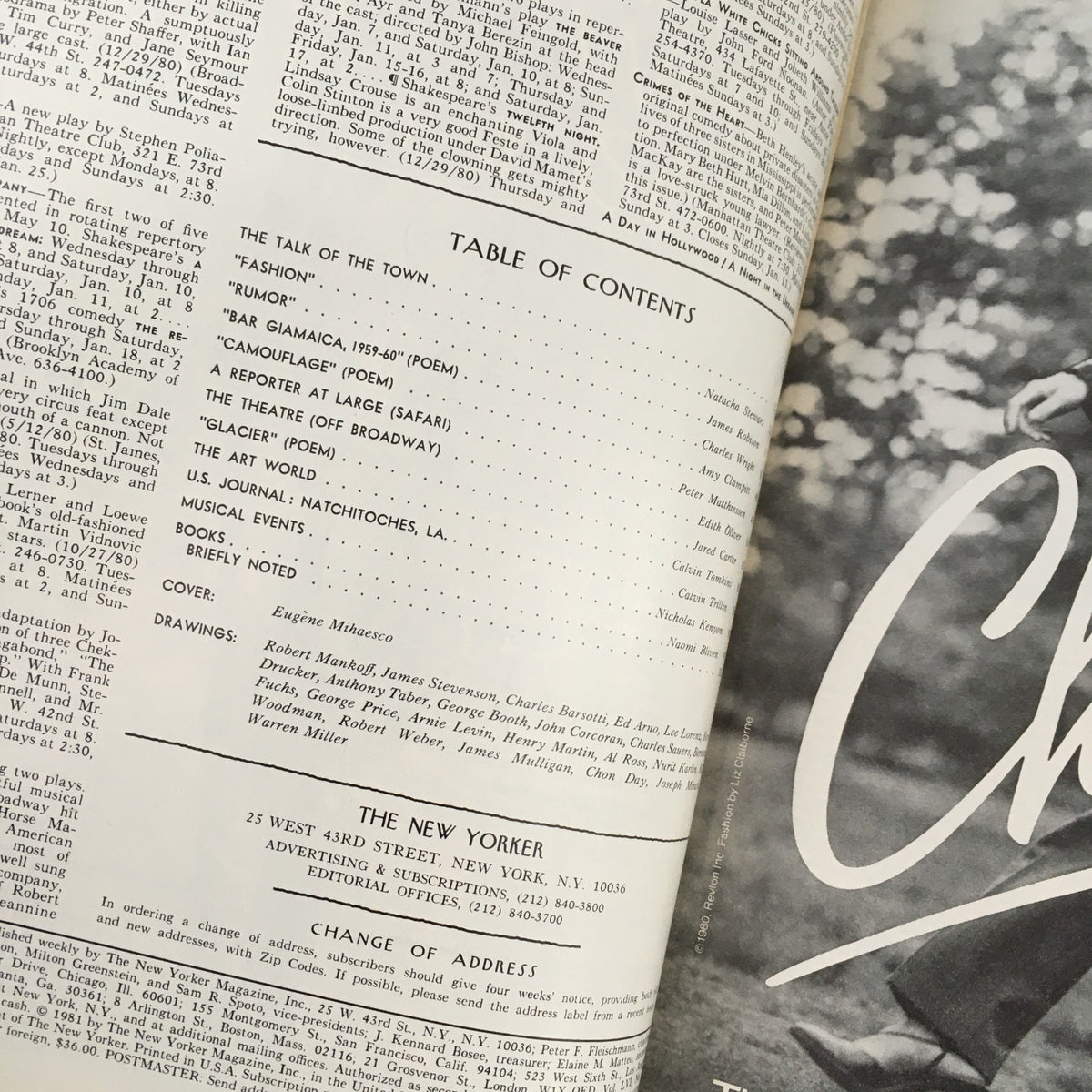 Table of Contents from The New Yorker Magazine, January 12, 1981, featuring listings of articles including fashion, poems, and cultural commentary, showcasing the editorial style of the acclaimed publication.