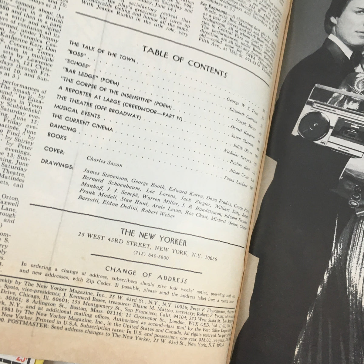 Table of contents from The New Yorker Magazine June 15 1981, showcasing articles and drawings, with cover art by Charles Saxon.