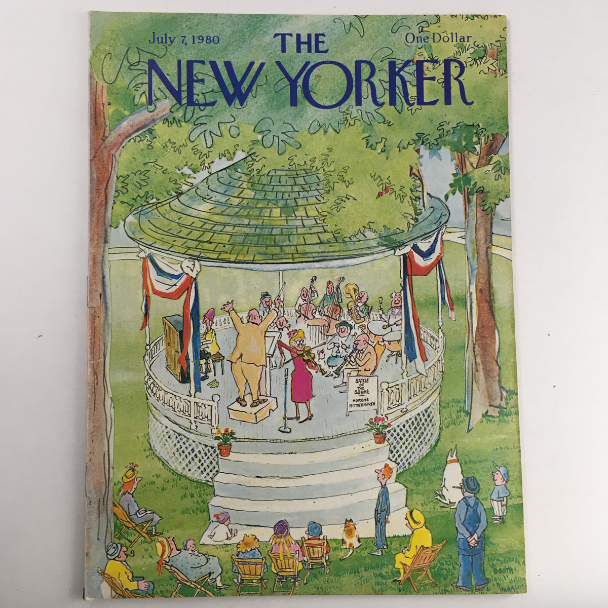 The New Yorker Full Magazine July 7 1980 featuring an art cover by George Booth, showcasing a vibrant outdoor scene with people gathered around a gazebo.