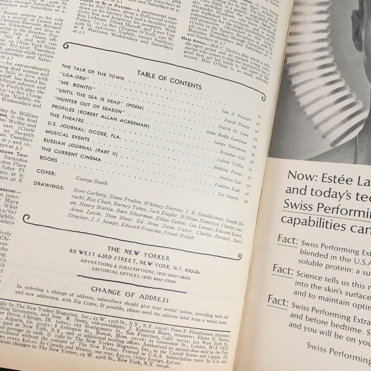 Inside page of The New Yorker full magazine July 7 1980 featuring the table of contents and George Booth's cover illustration. Iconic vintage magazine artifact.
