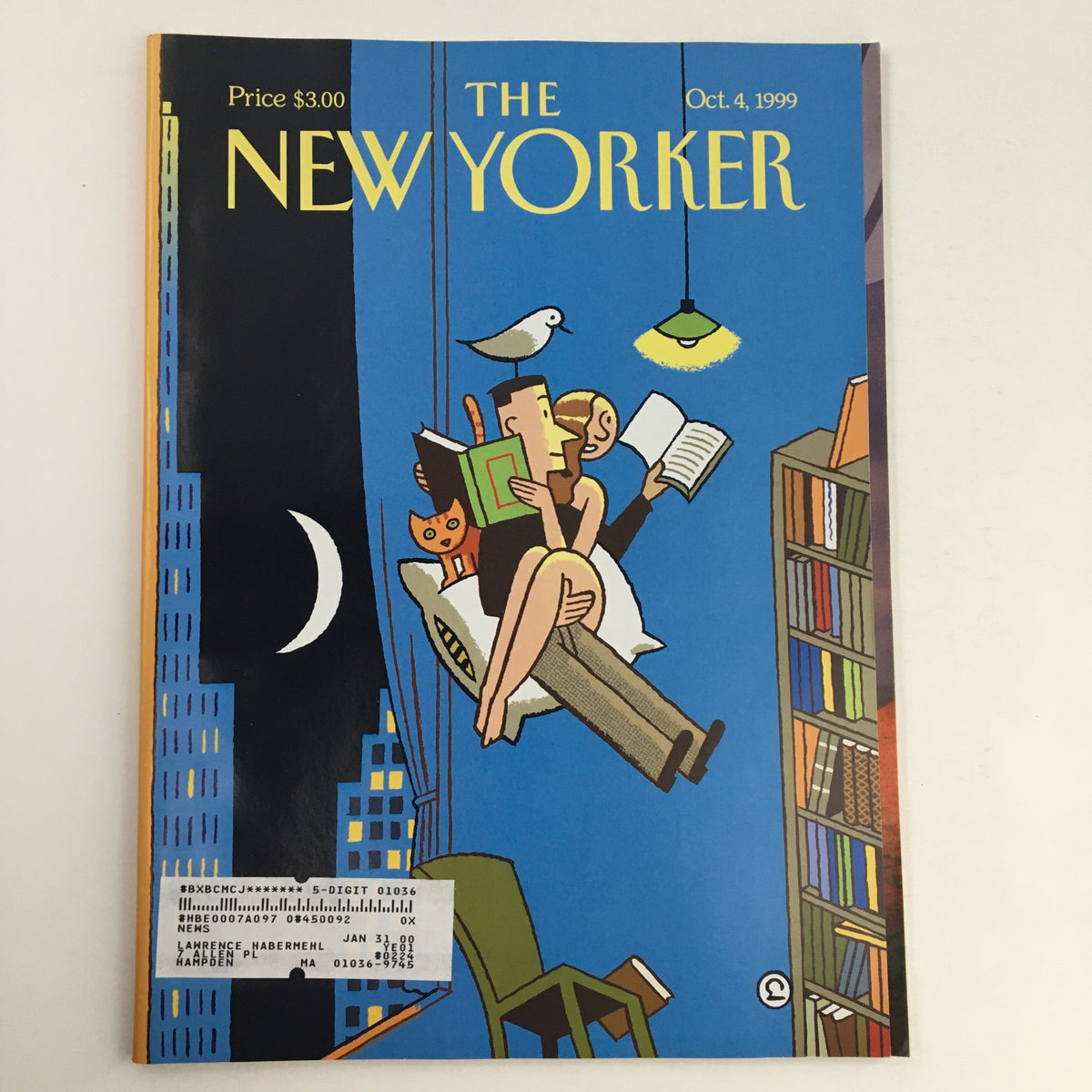 Cover of The New Yorker magazine from October 4, 1999, featuring the theme art by Ever Meulen, showcasing a whimsical illustration of a couple reading with a cat and a bird, under colorful city lights.