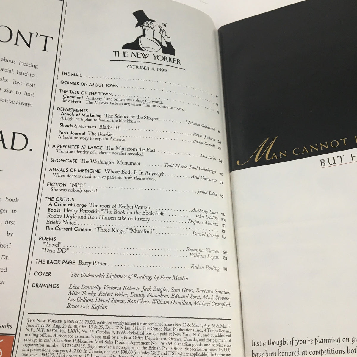 Interior page of The New Yorker magazine from October 4, 1999, displaying the contents section, featuring articles and stories, including 'The Talk of the Town' and 'A Report at Large,' highlighting notable contributions and features within that issue.