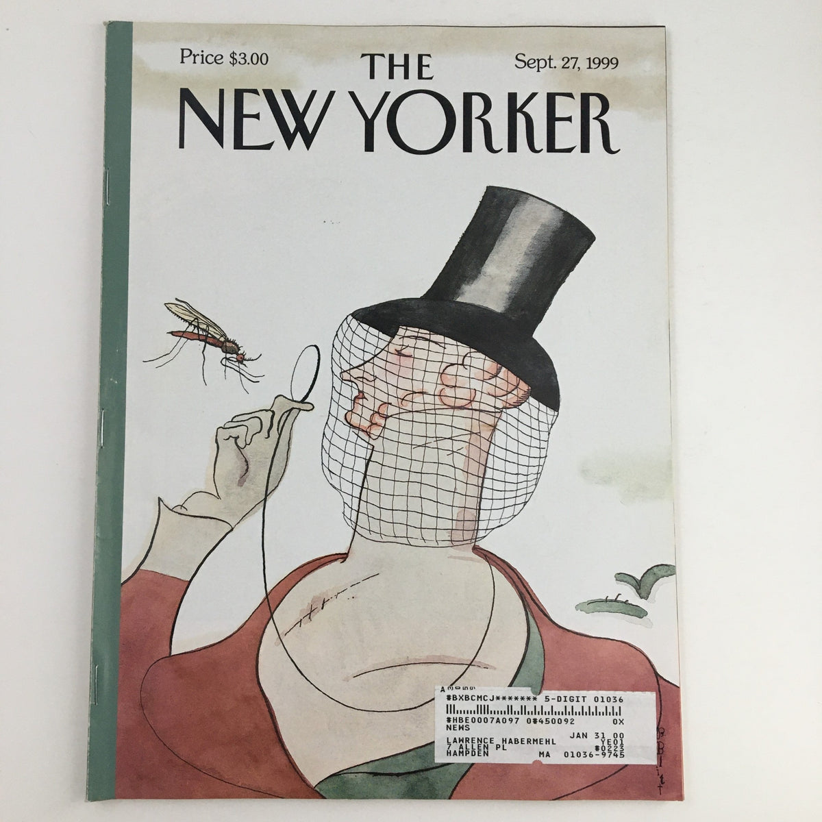 The New Yorker September 27 1999 Full Magazine with cover art by Barry Blitt, featuring an illustration of a man in a top hat observing a mosquito, highlighting unique editorial art.