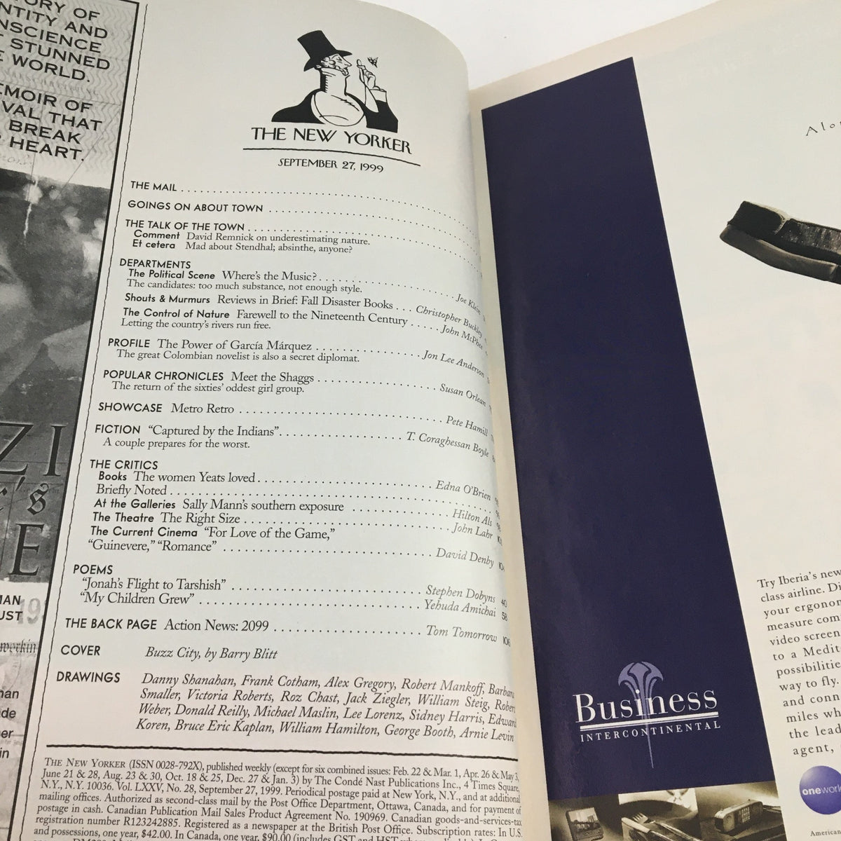 The New Yorker September 27 1999 interior page displaying the table of contents, showcasing various articles and highlights from that issue.