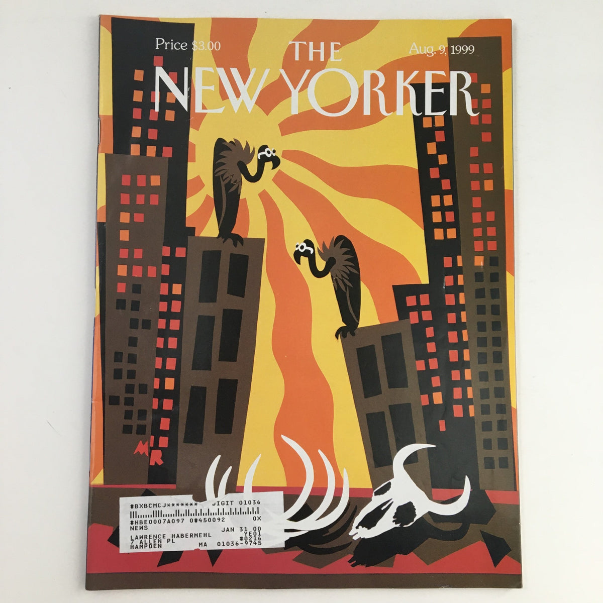 The New Yorker Magazine August 9, 1999 cover art featuring vibrant design by Michael Roberts, showcasing striking imagery of vultures and city buildings against a colorful background.