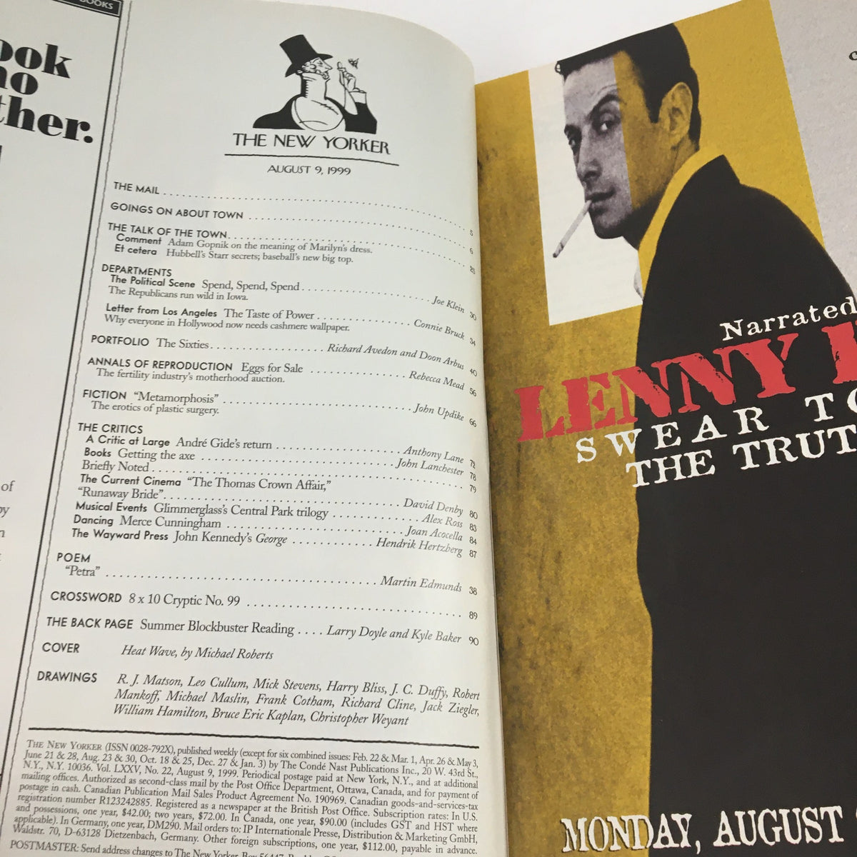 Interior page of The New Yorker Magazine from August 9, 1999, displaying the table of contents and features including 'Lenny Bruce: Swear to the Truth,' highlighting various cultural articles.