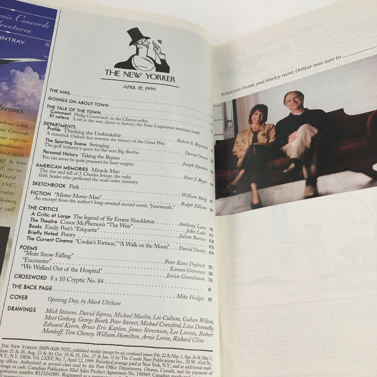 Interior page of The New Yorker Magazine from April 12, 1999, showcasing content sections, including The Mail and various articles, alongside an image of two individuals enjoying a conversation.