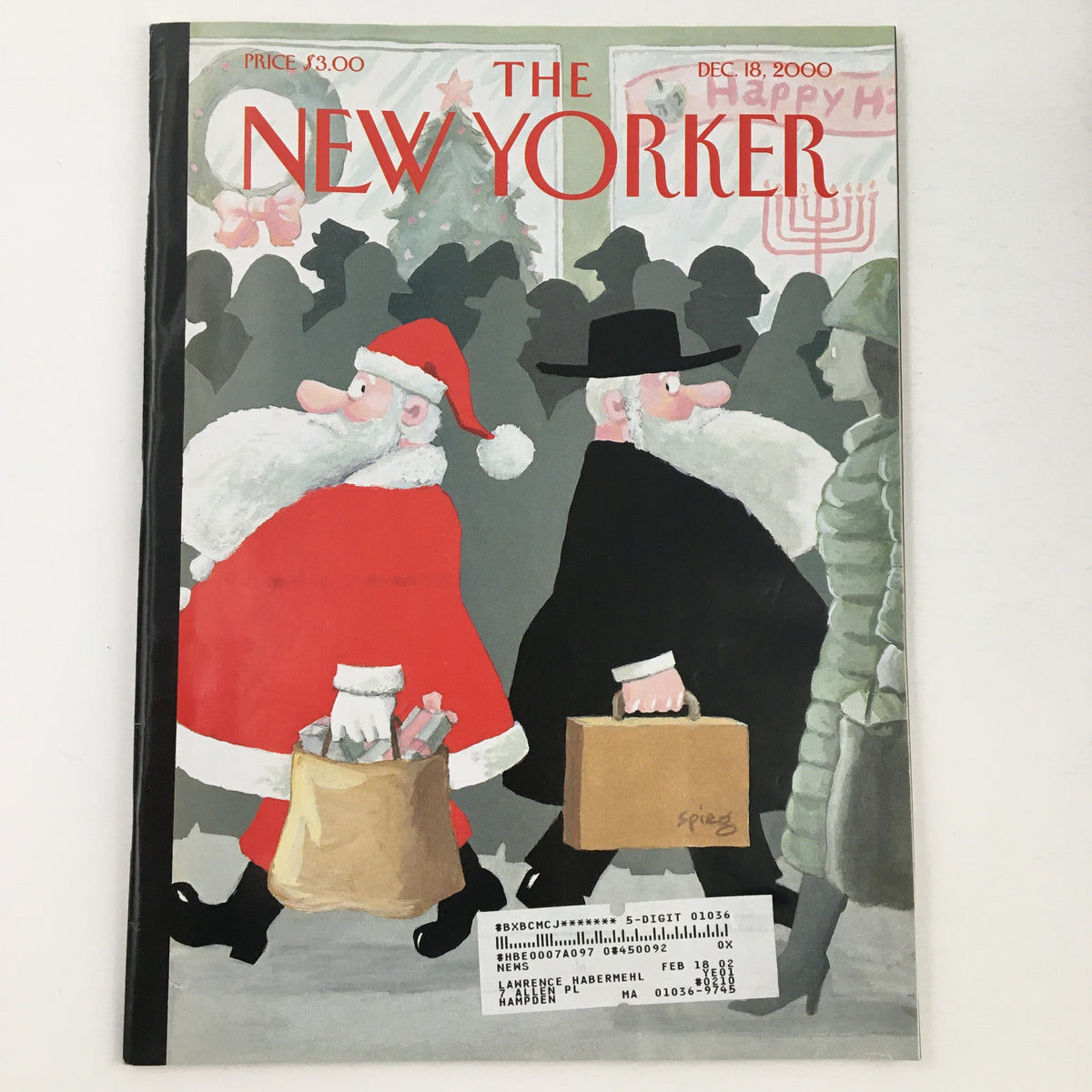 Cover of The New Yorker Magazine, December 18, 2000, featuring a Christmas scene with Santa Claus and a man in a top hat, illustrated by Art Spiegelman.