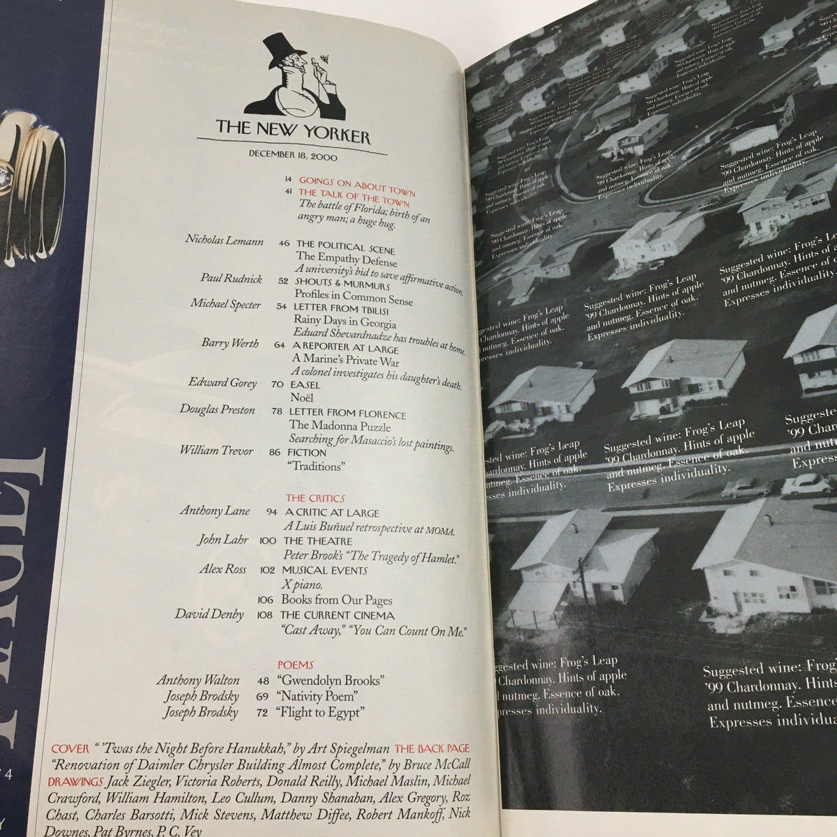 Inside page of The New Yorker Magazine, December 18, 2000, showcasing the table of contents, including article titles and contributors of that issue.