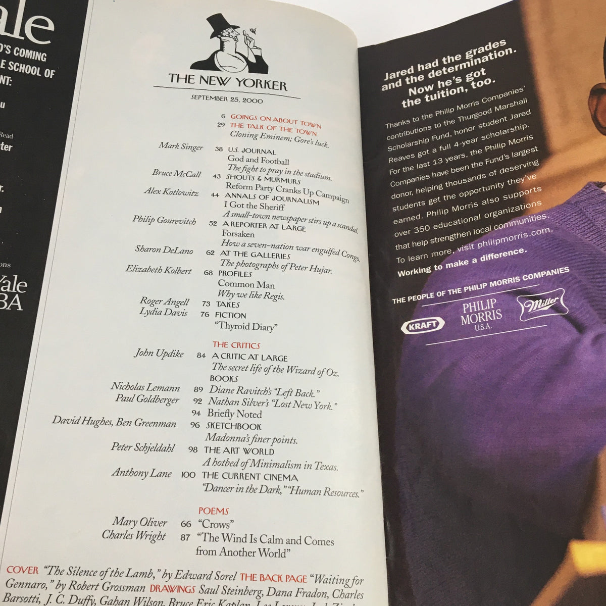 Table of contents for The New Yorker Magazine dated September 25, 2000, listing articles and contributors alongside an artistic logo.