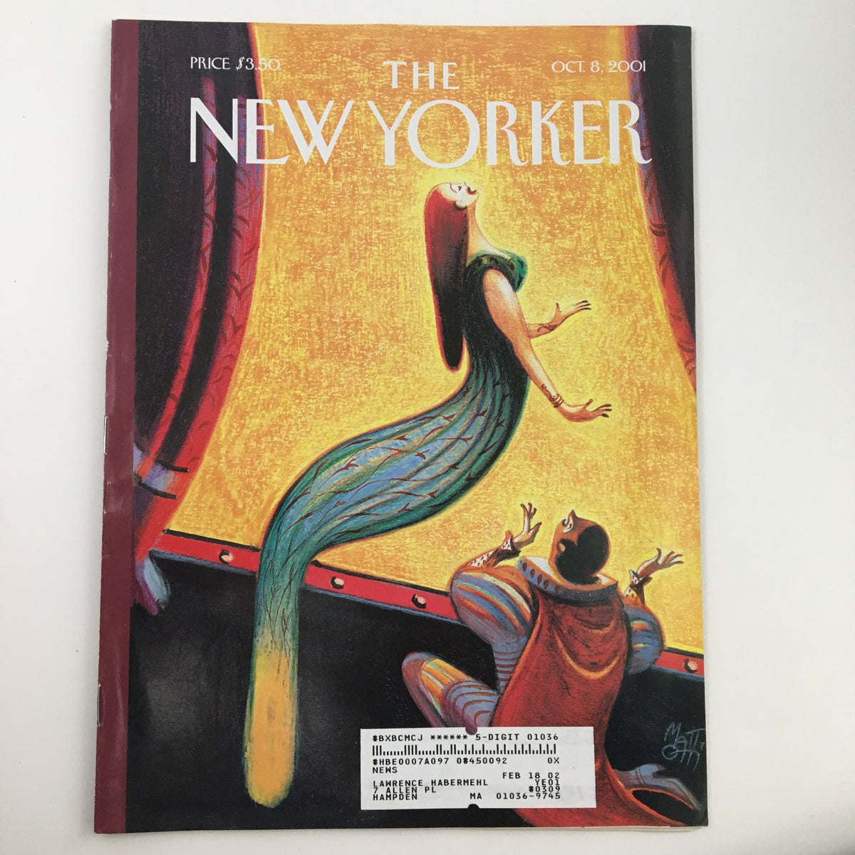 The New Yorker October 8 2001 Full Magazine Cover Art by Lorenzo Mattotti, featuring a colorful illustration that captures the essence of the era.