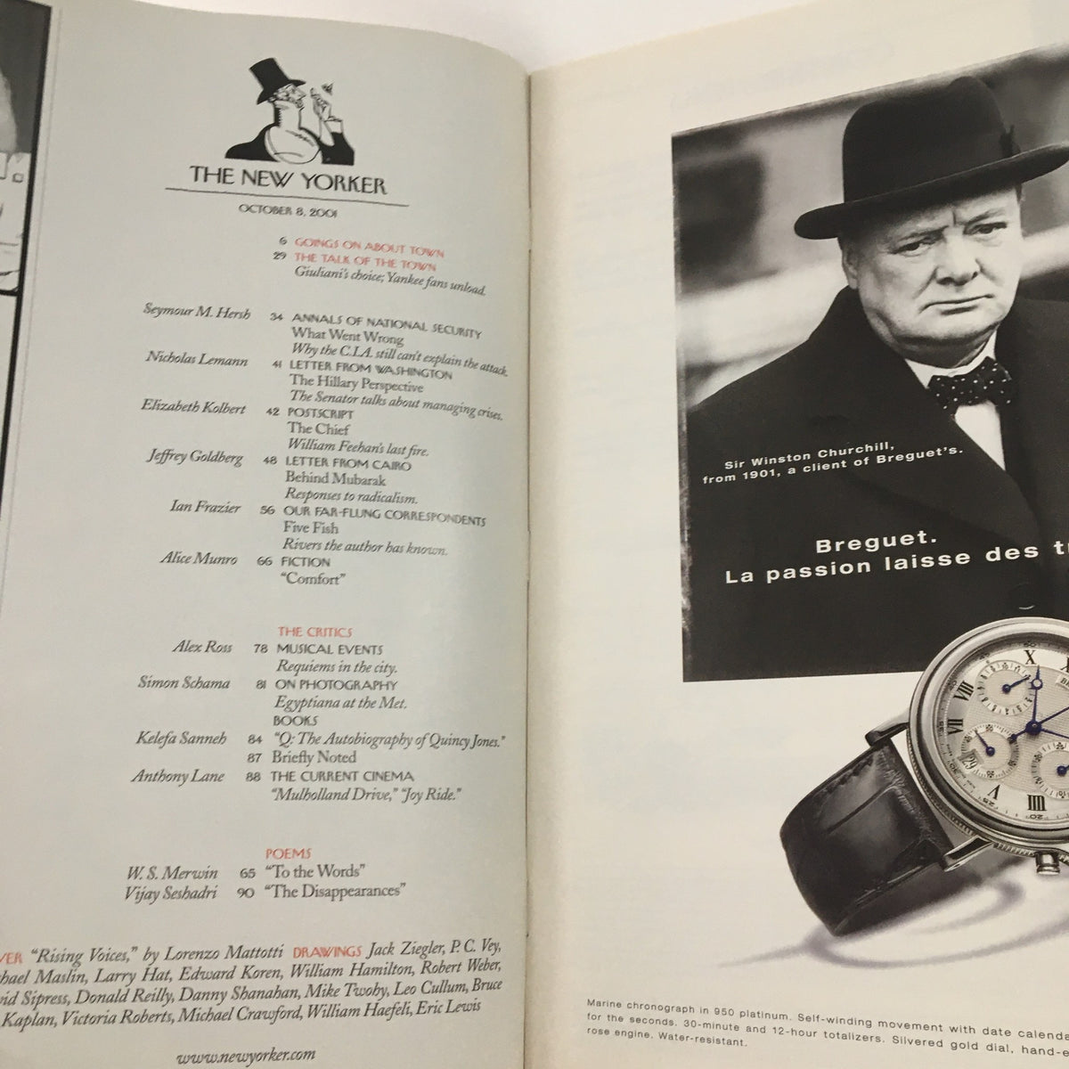 Inside page of The New Yorker October 8 2001, showcasing the table of contents and an image of Sir Winston Churchill alongside a Breguet watch.