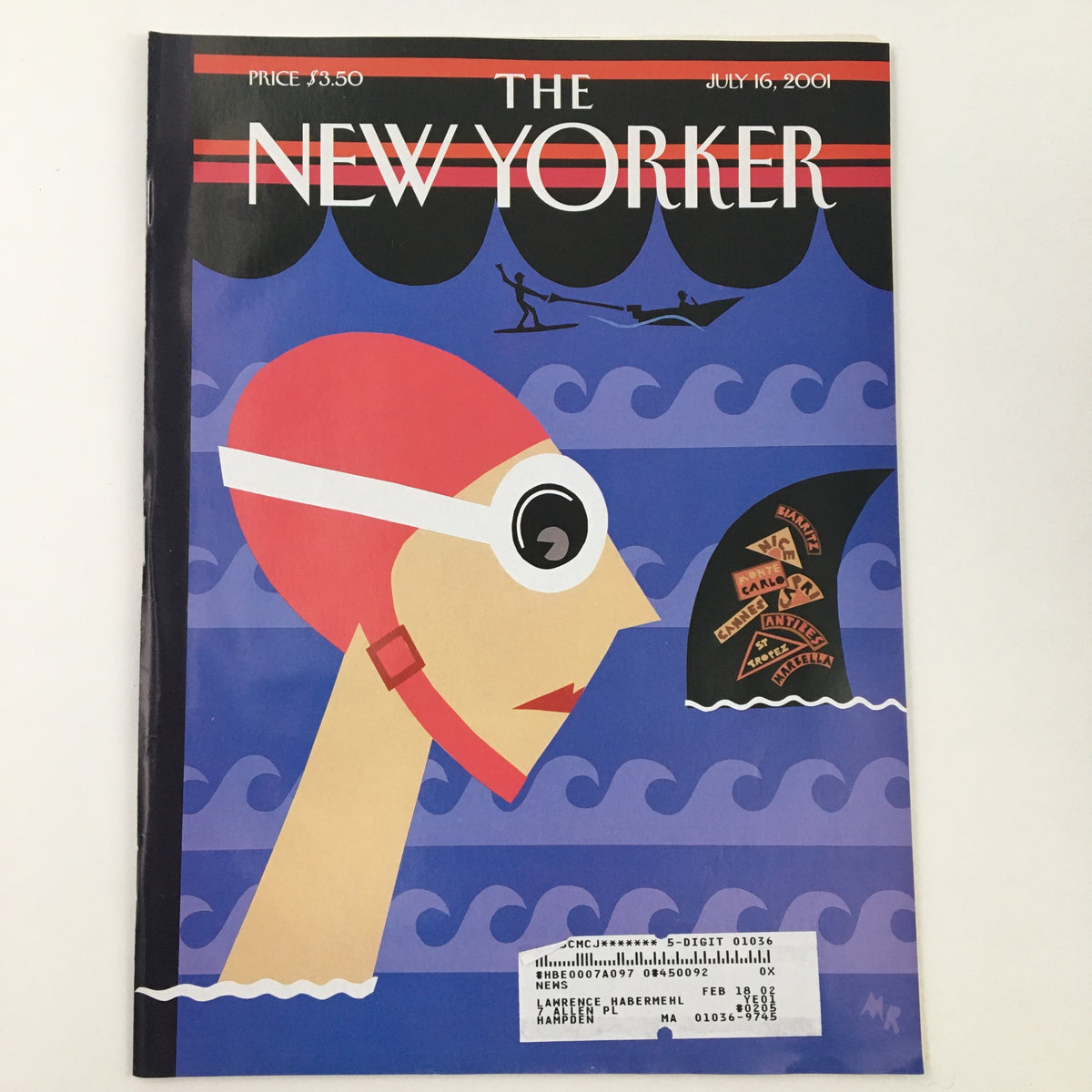 The New Yorker July 16 2001 Full Magazine Cover Art by Michael Roberts featuring a swimmer in a retro bathing cap against a vivid blue background, showcasing iconic vintage magazine design.
