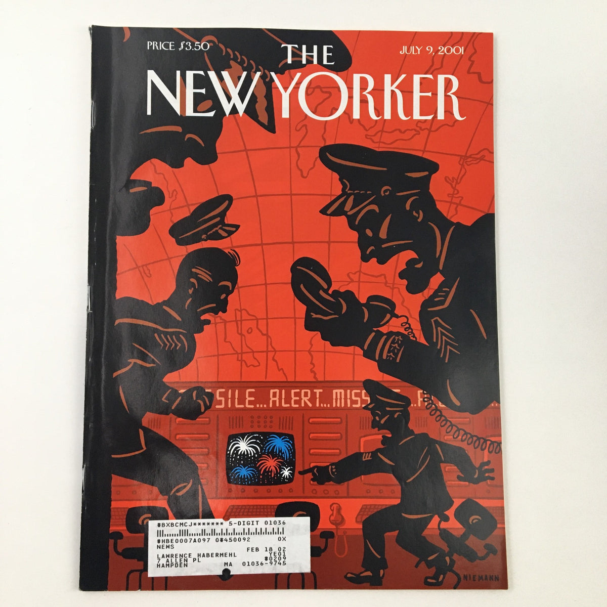 The New Yorker July 9 2001 Cover Art by Christoph Niemann featuring a striking illustration of police officers against a red background, showcasing the magazine's artistic design.