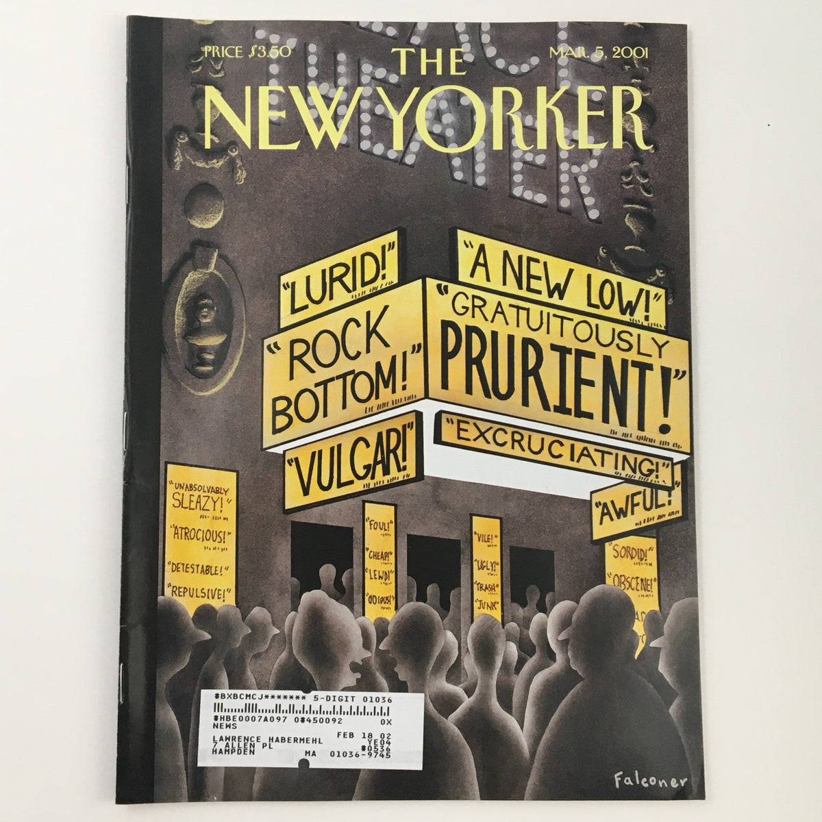 The New Yorker March 5 2001 magazine cover featuring eye-catching illustrations and bold headlines by Ian Falconer, showcasing cultural commentary and humor.