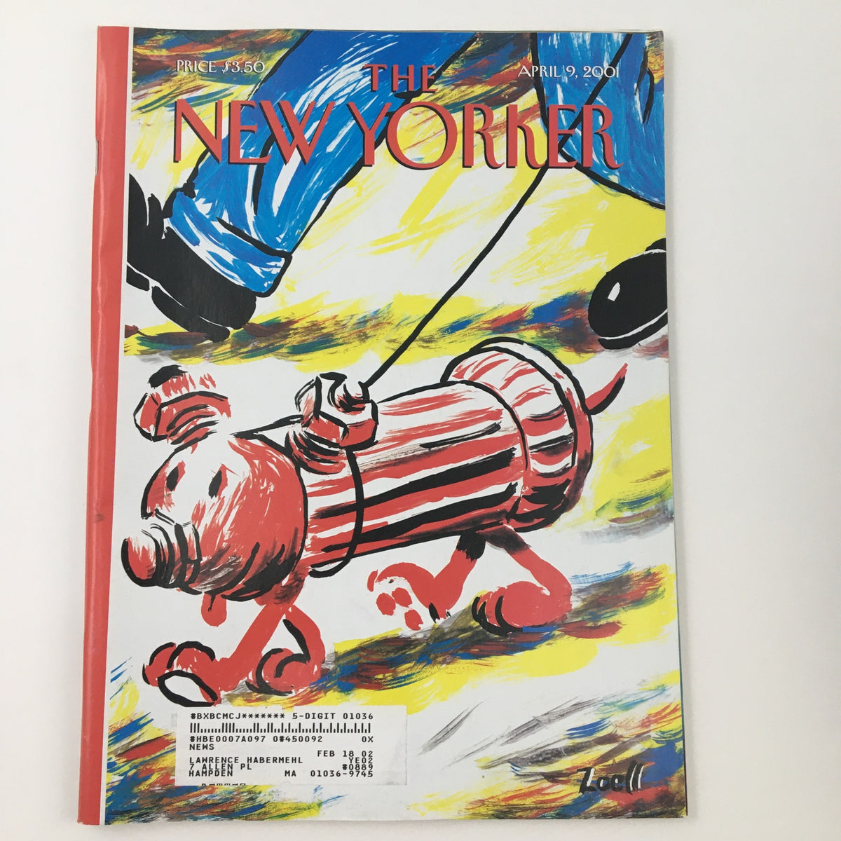 Cover art of The New Yorker April 9 2001 featuring a whimsical illustration by Bob Zoell, depicting a playful dog with a striped fire hydrant.
